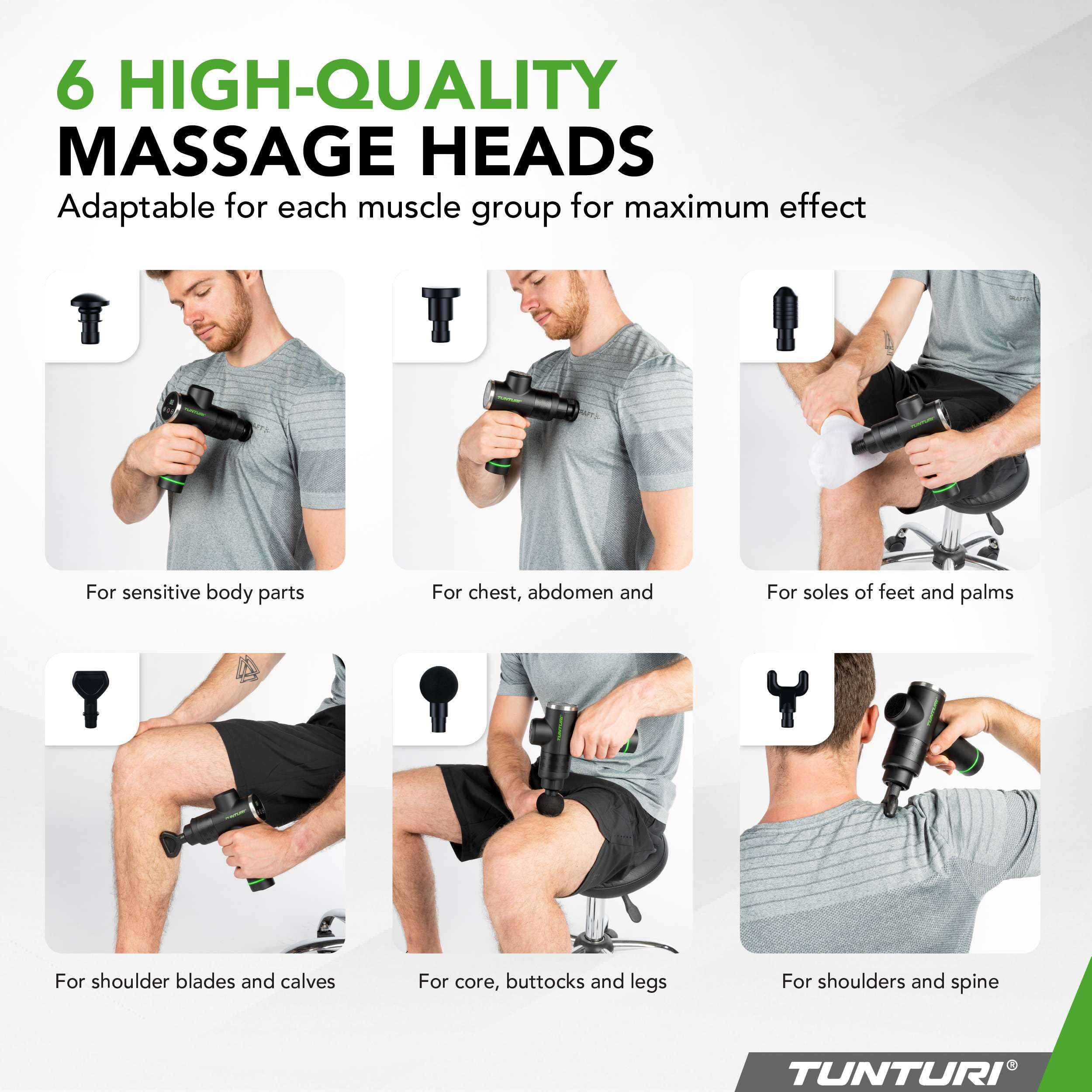 Pistolet de Massage Tunturi MG40 – Appareil de Massage avec Multi-Poignée – Inclus 6 embouts et valise – Extra puissant et silencieux – Incl. application gratuite