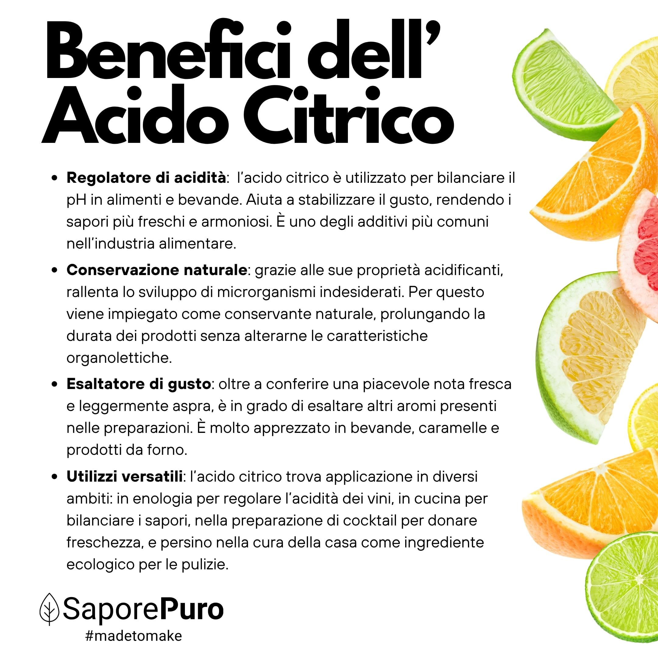 SaporePuro – Ácido Cítrico Monohidratado 200 g | Regulador de pH y Acidulante Alimentario | Sin Gluten | Puro y Soluble | Ideal para Mermeladas y Bebidas