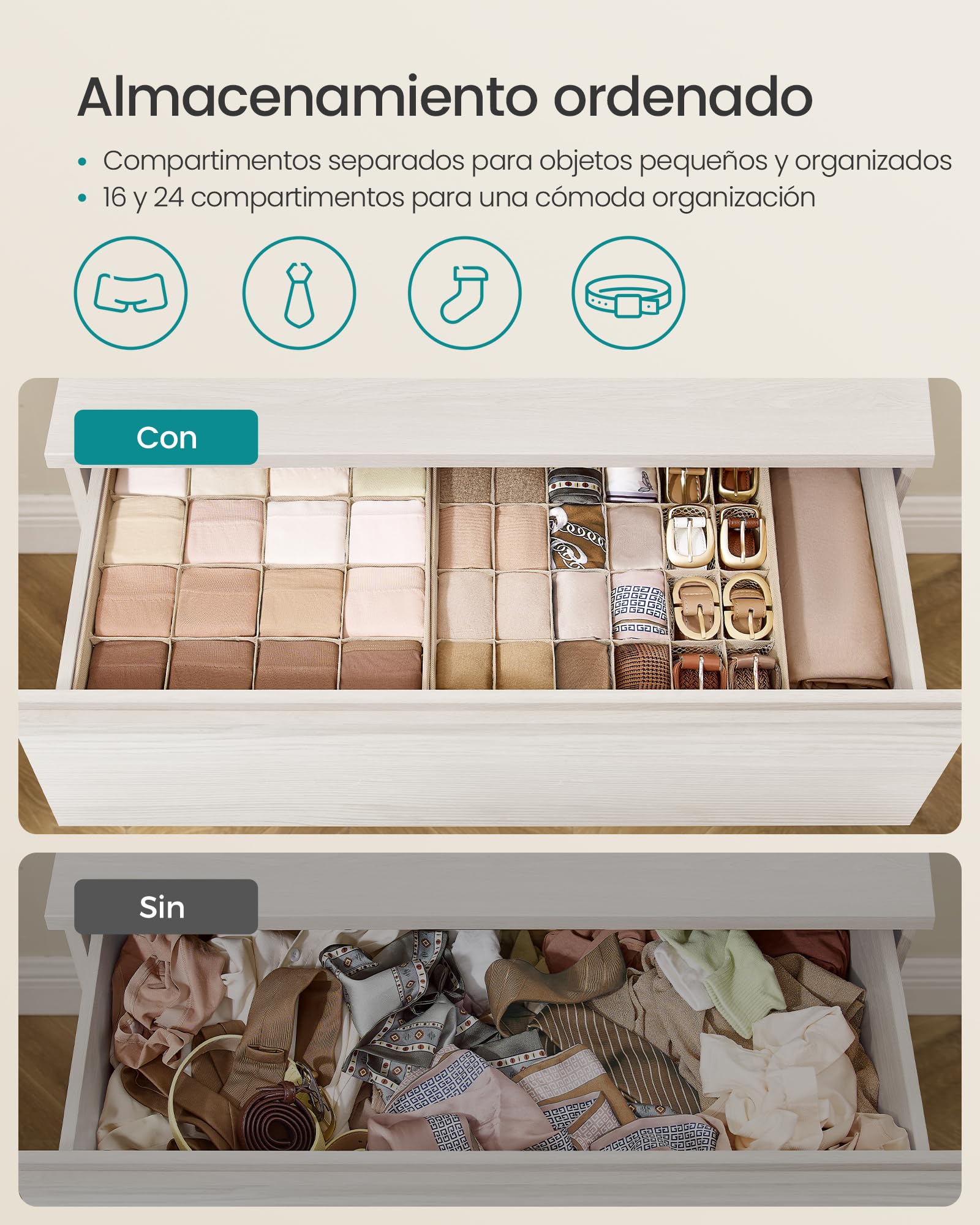 SONGMICS Juego de 4 Organizadores de Cajones, 80 Compartimentos, Cajas Plegables, 30x30x10 cm, Beige Arena
