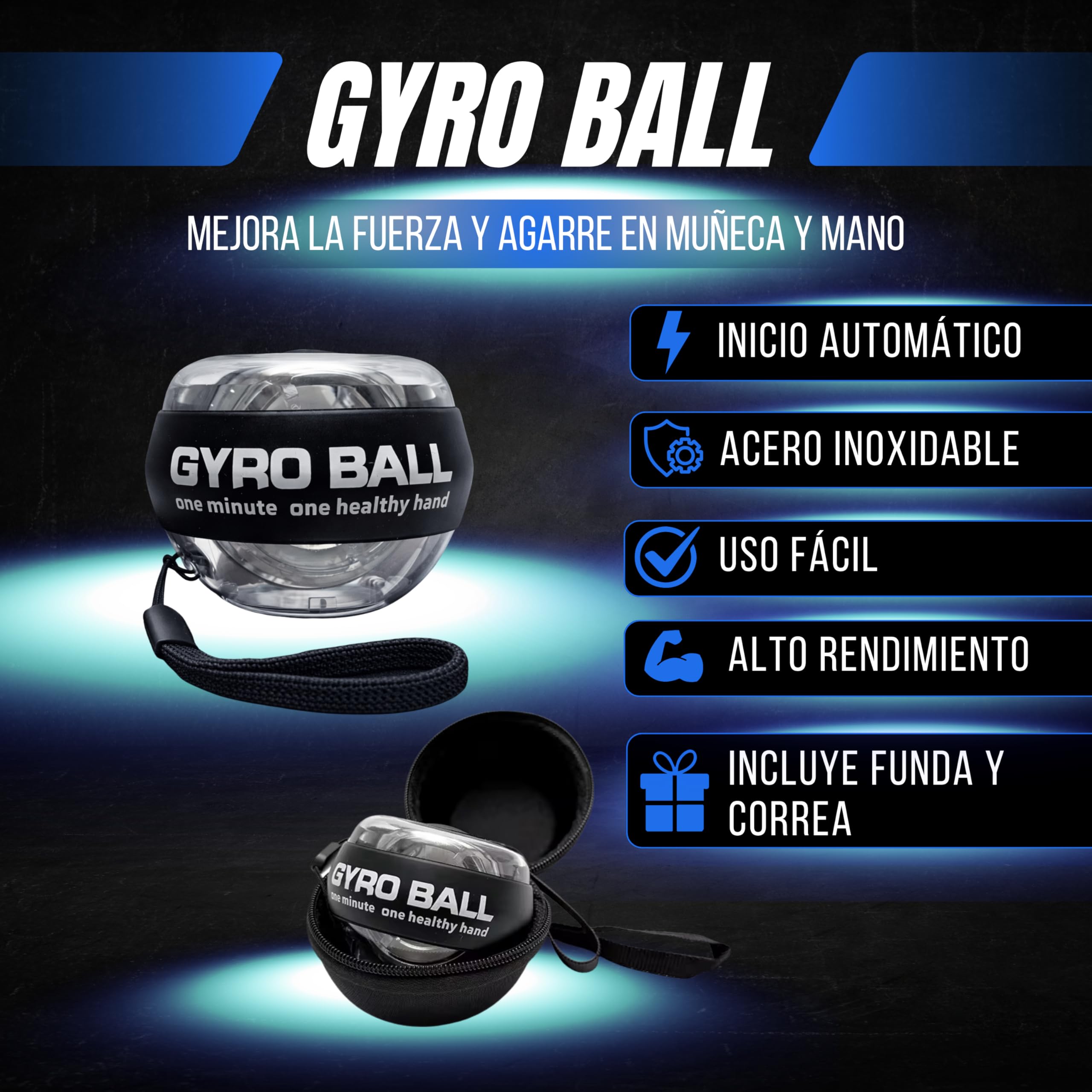 Giroscopio de Mano para Fortalecer Muñeca y Antebrazo PREMIUM PMR SHOP® | Gyro Ball con Inicio Automático y Correa | Ejercitador de Mano Compacto con Funda y Manual - 3