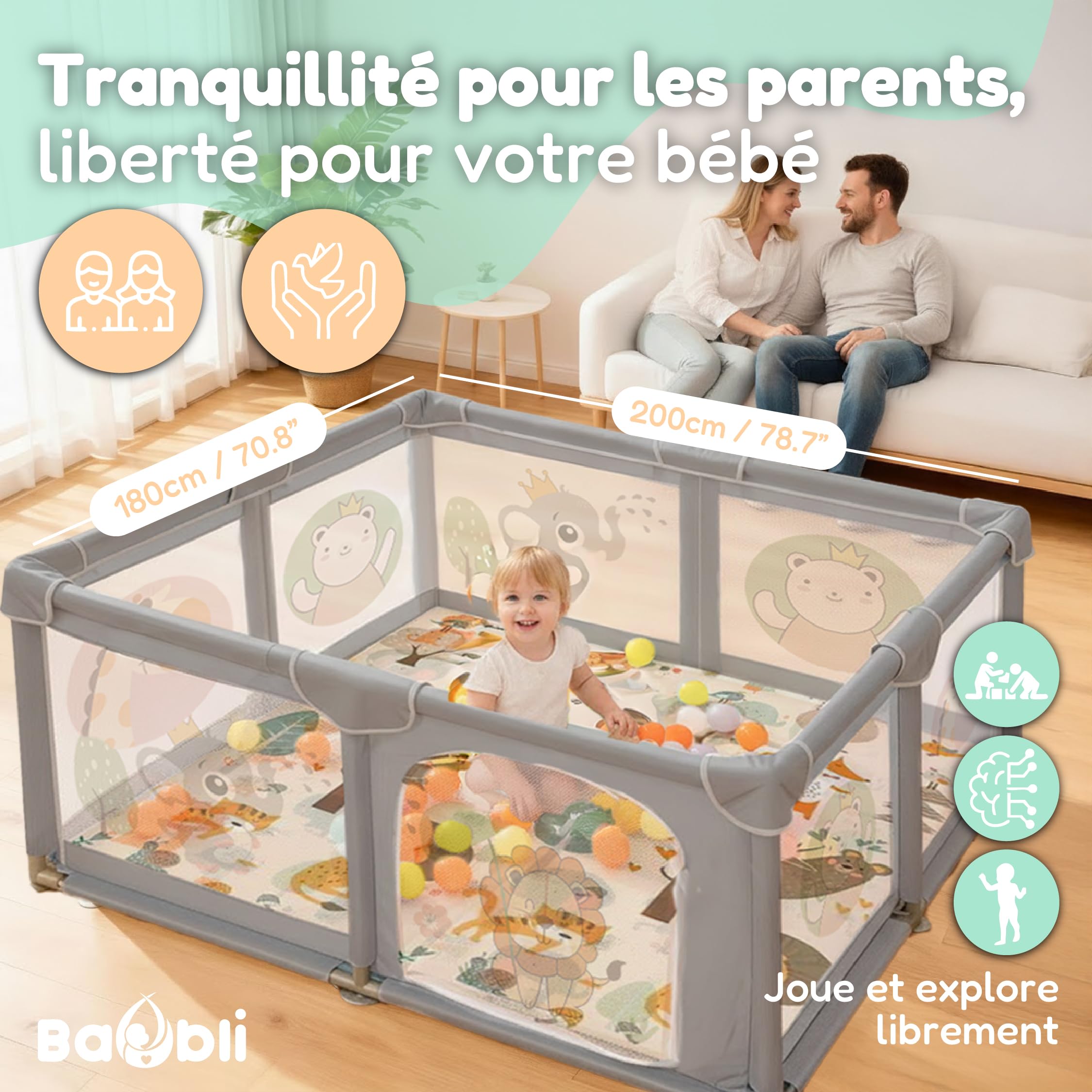 Parc pour bébé 180 x 200 cm + tapis + 60 balles + poignées + sacs de transport – Parc de jeux pour bébé avec maille respirante – Playpen Bebe