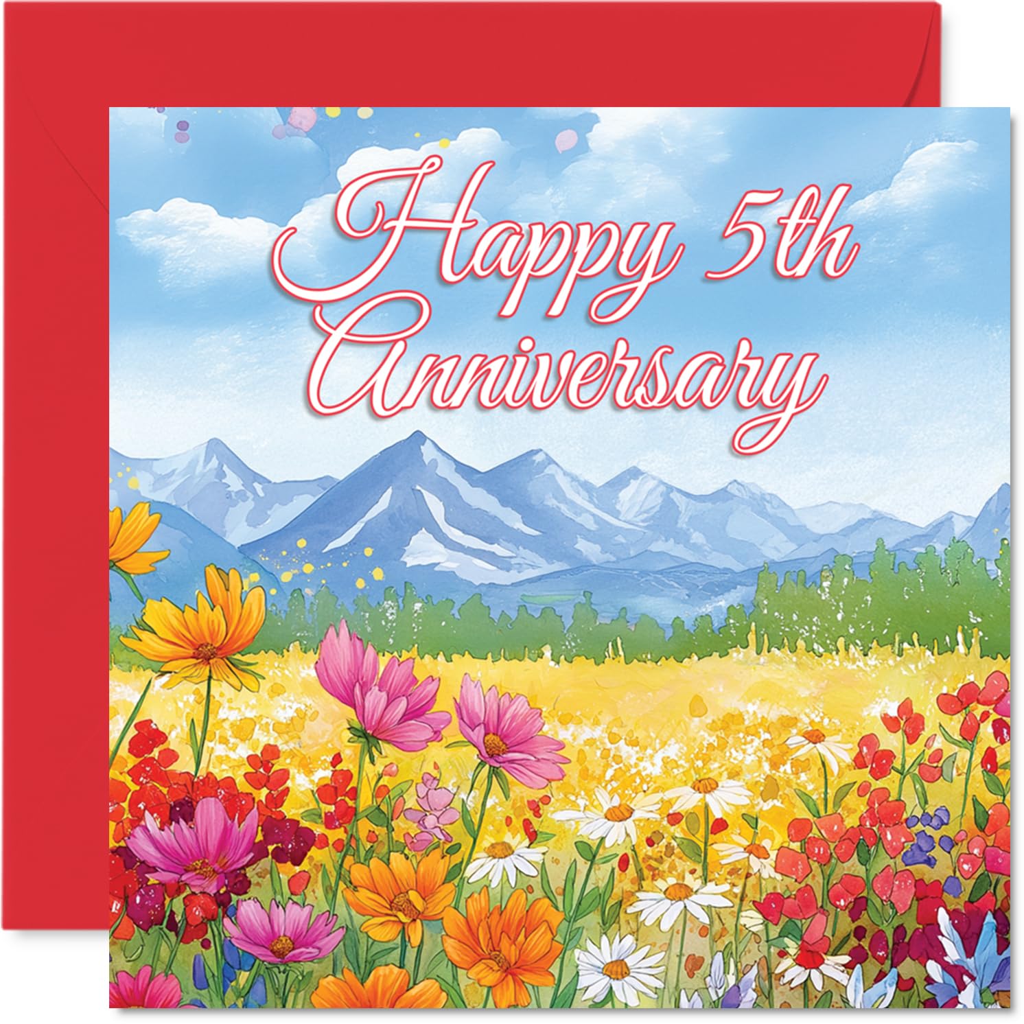 Milestone 5th Anniversary Card - Celebrate Five Years in Bloom - Colourful Wildflower Meadow and Mountains Illustration - 145mm Square, Envelope Included