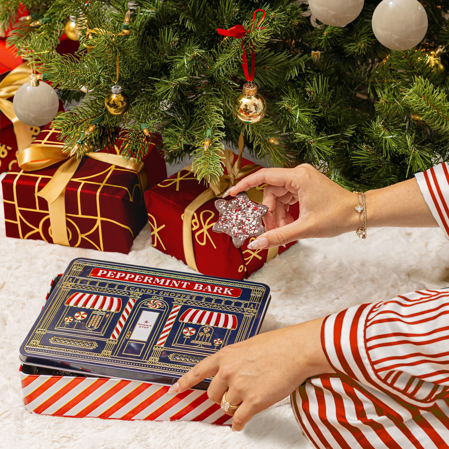 Christmas Peppermint Gift Tin Bark Candy – Fudge Gourmet Holiday Chocolate Gift Basket, Festive Assortment with Nutcrackers, Trees & Gingerbread Shapes – Family, Friends & Coworkers- Bonnie & Pop