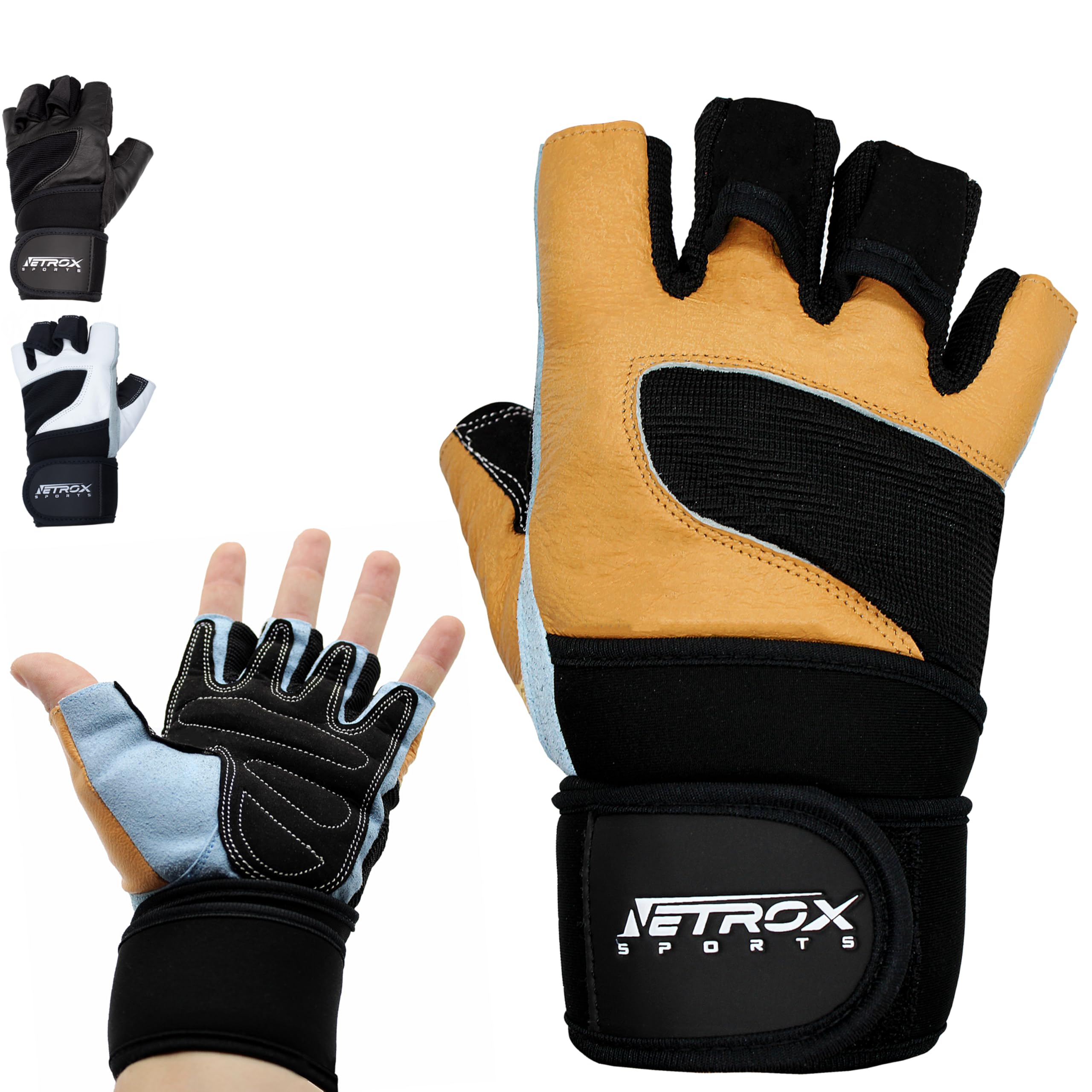 NetroxSports - Leder Trainingshandschuhe mit 40cm Handgelenkbandage für Krafttraining Kraftsport - Fitness Handschuhe Gym mit Handgelenkschutz Herren & Damen - Sporthandschuhe Fitnesshandschuhe