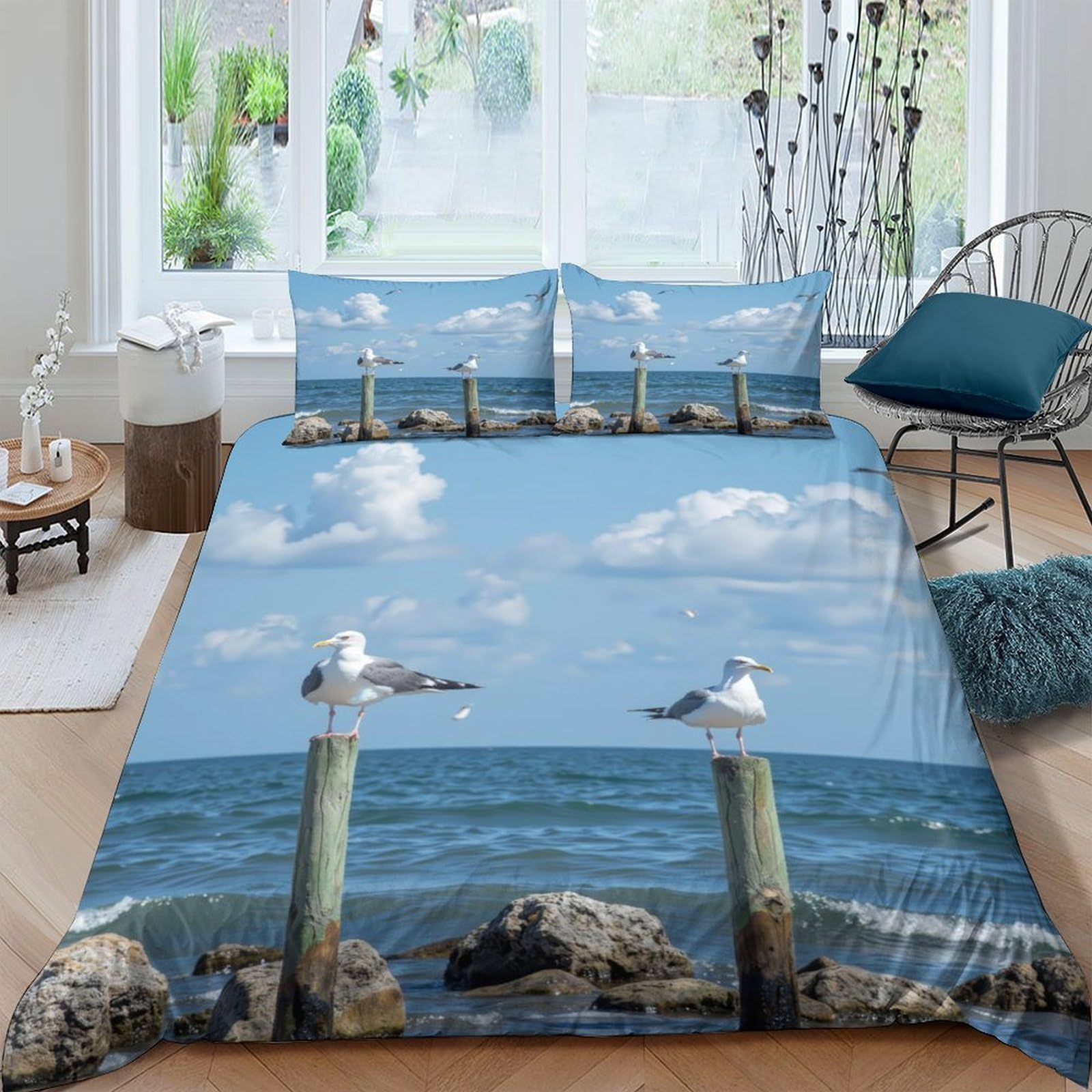 Ctjqhvkz Style-6 3D Printed Seaside Seagull Fitted Sheet Microfiber Soft Sky Ocean Bed Cover For Bedroom Guest Room Mattress Decor Single（135X200cm）