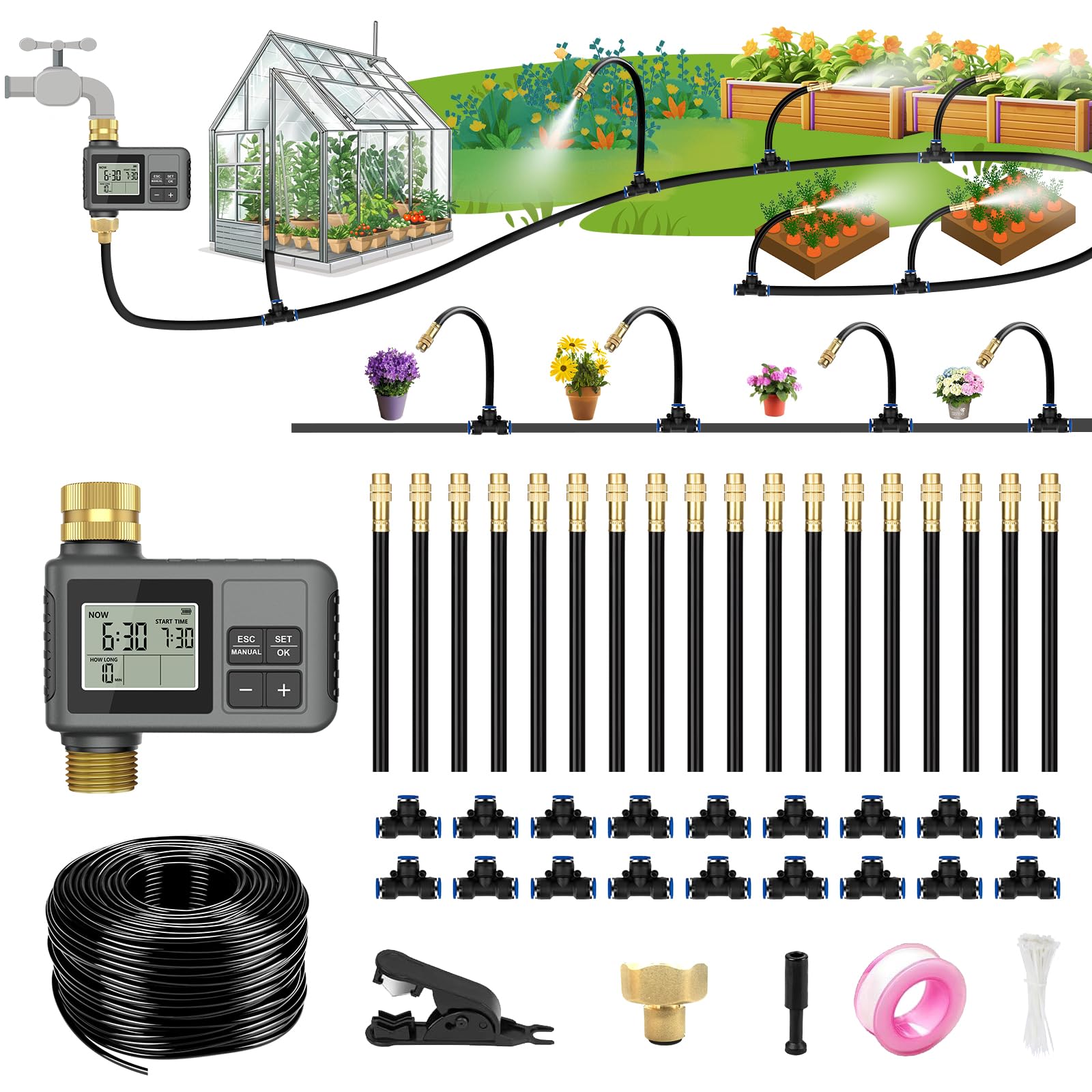 HEKIWAY 60Ft Drip Irrigation System with Smart Timer