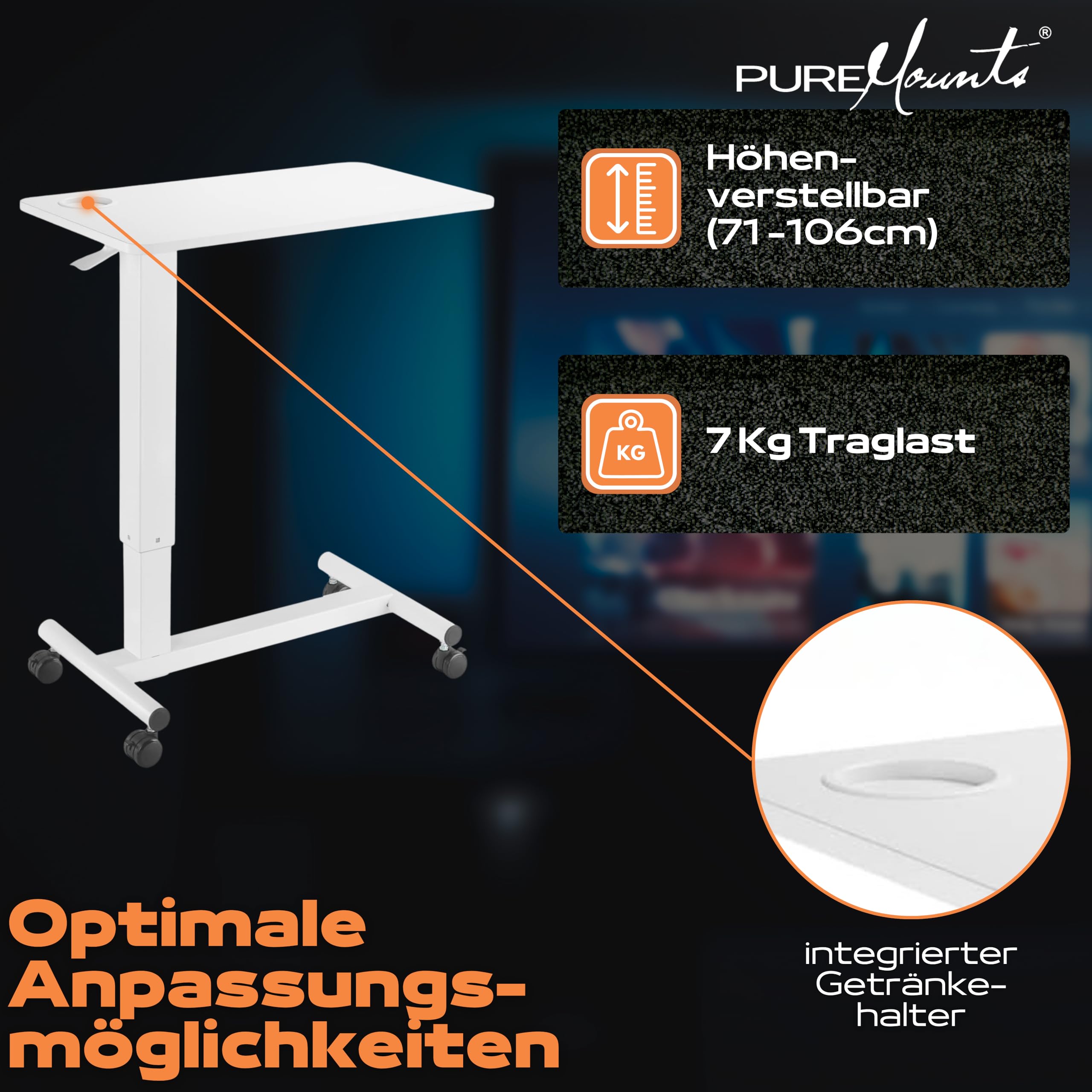 PureMounts® Mobiele bijzettafel, in hoogte verstelbaar, in hoogte verstelbaar van 71,2 cm tot 106,2 cm, belastbaar tot 7 kg, afsluitbare wielen, geïntegreerde bekerhouder, zwart