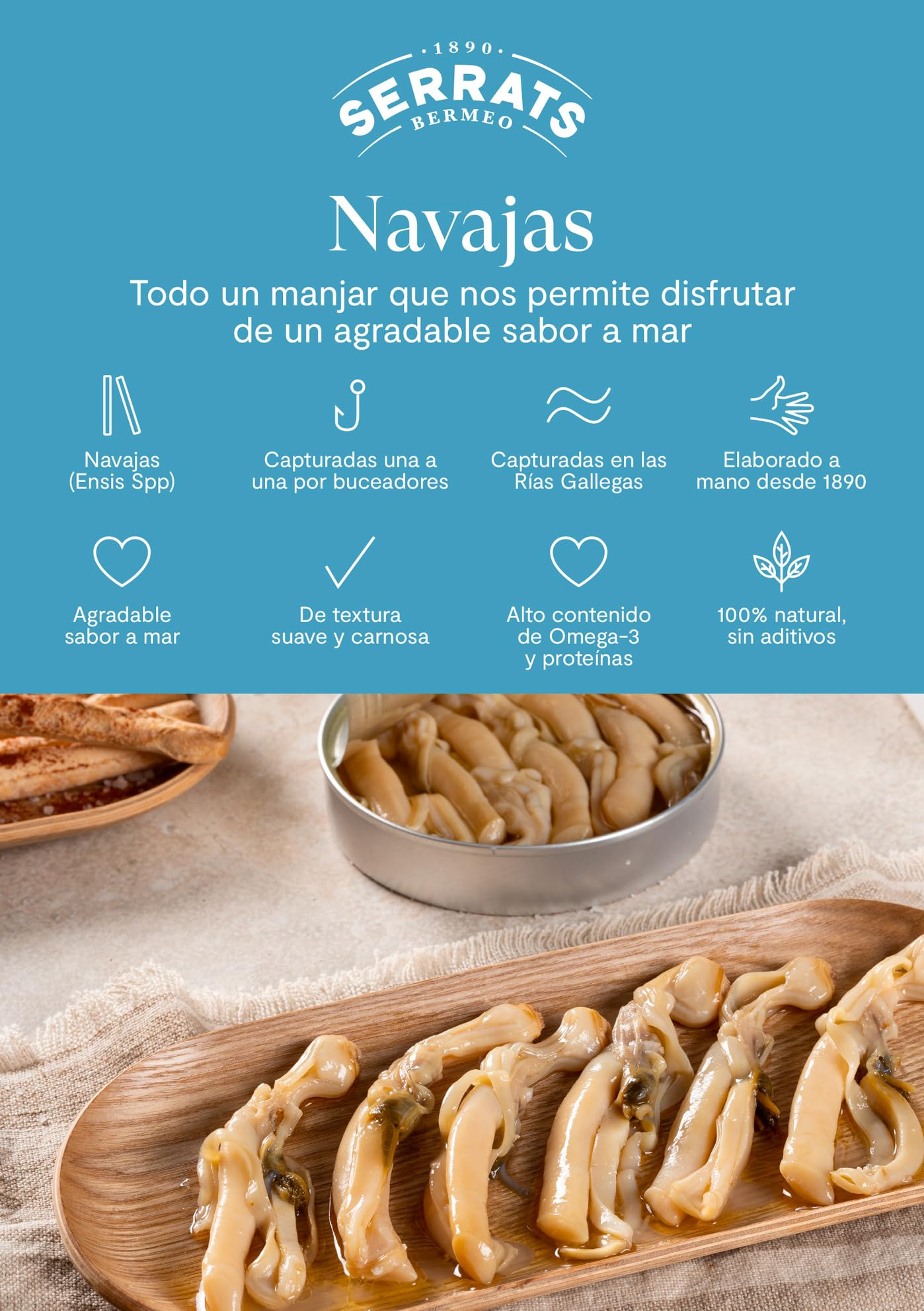 Conservas Serrats Navajas de las Rías Gallegas al natural 6-8 piezas