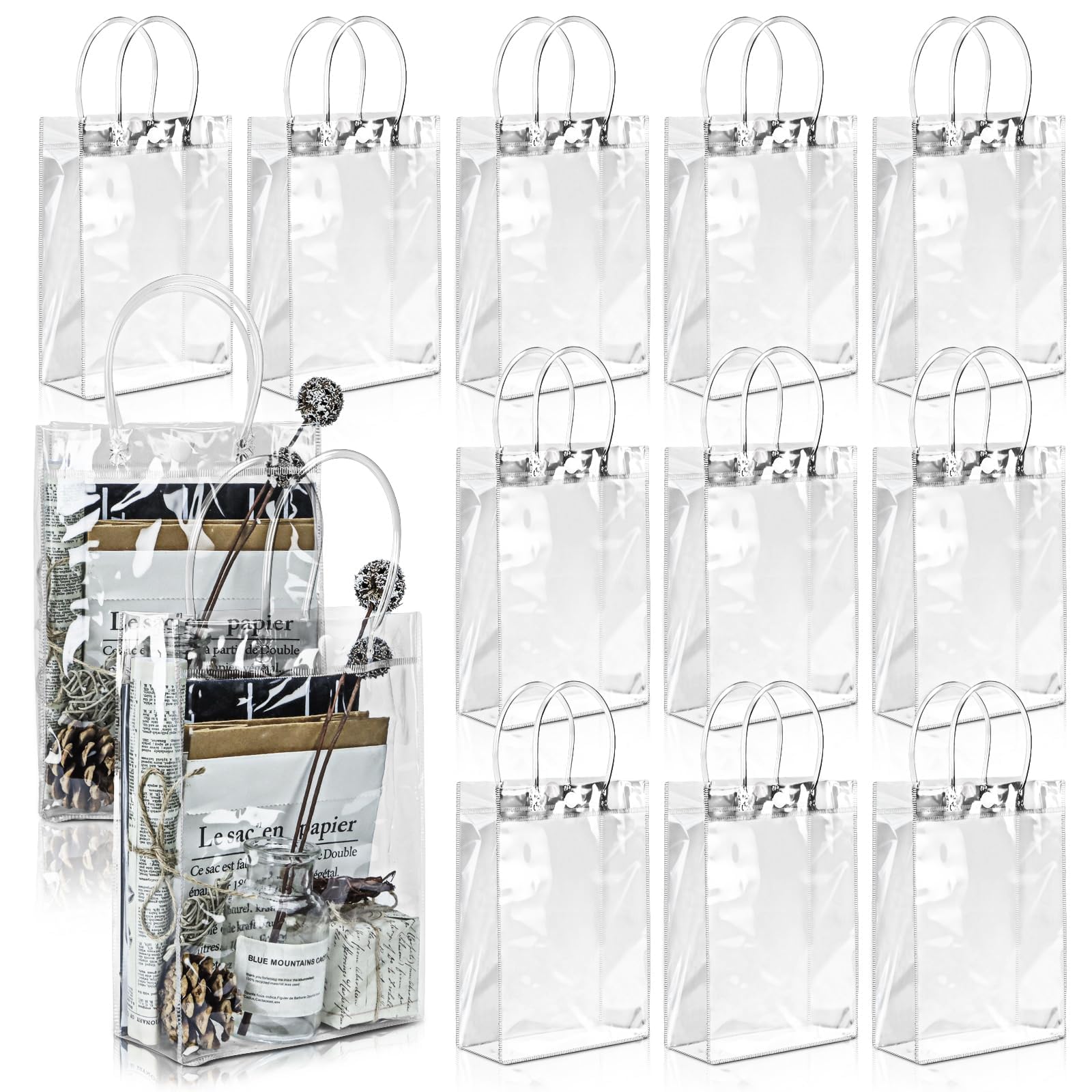 BadenBach 20 Pack Clear Gift Bags with Handles, 6.3" x 9.8" x 3.1" Transparent Plastic Party Favor Bags Bulk, Reusable PVC Goodie Tote Bag for