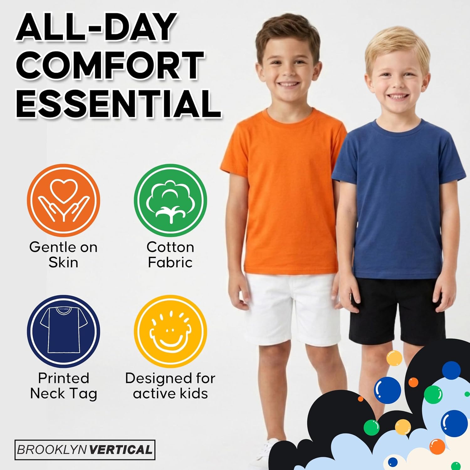 BROOKLYN VERTICAL Boys 4-Pack Short Sleeve Solid Color T-Shirts | Cotton Crew Neck Tagless Tees