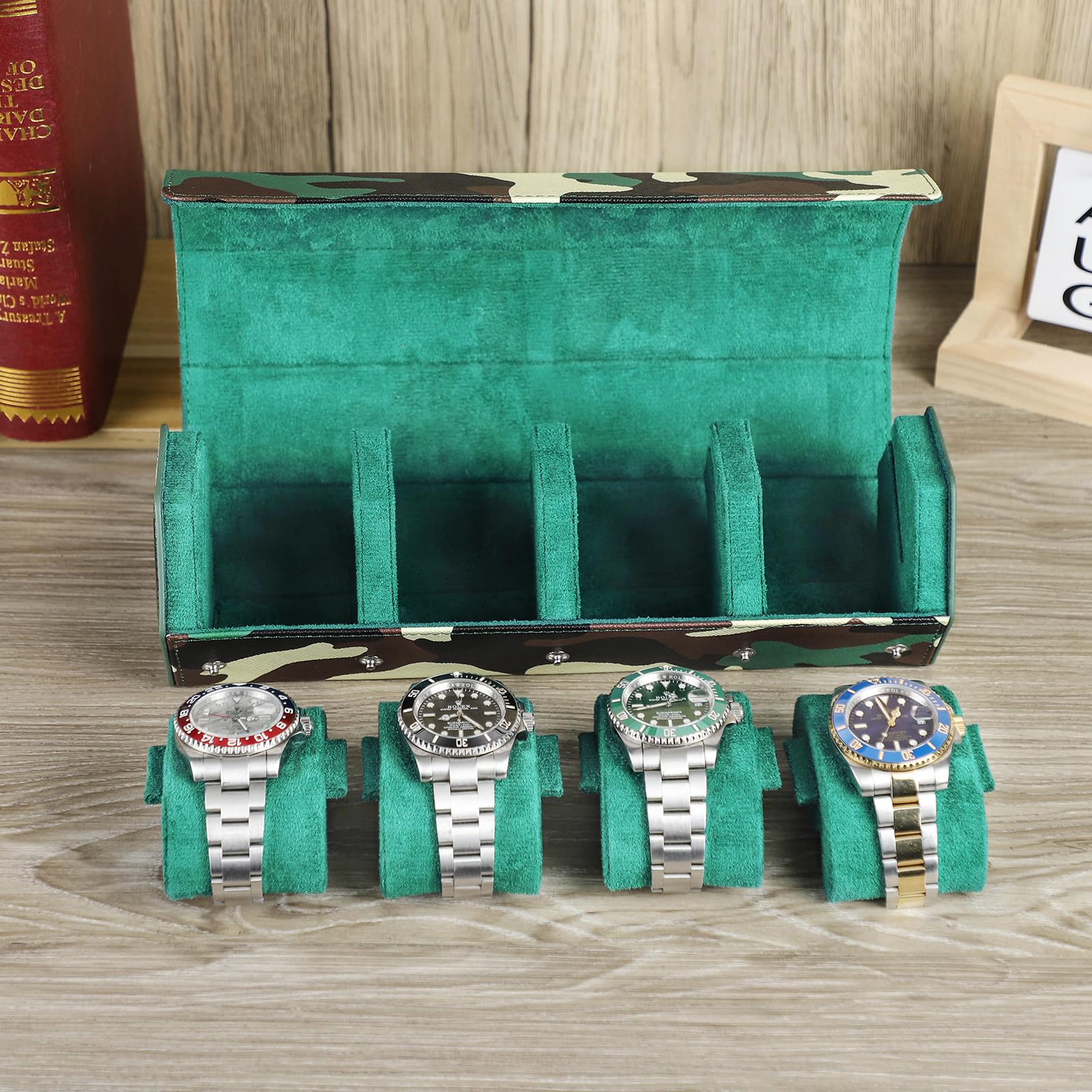 Caja para Relojes de Cuero Hexagonal Hiram, Estuche de Almacenamiento para 4 Relojes con Estampado de Camuflaje, Organizador de Relojes de Cuero antiarañazos Hecho a Mano.