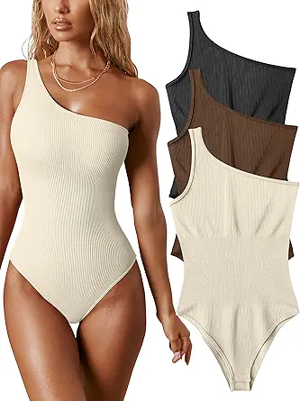 OQQ Women's 3 Piece Bodysuits Sexy Ribbed One Shoulder Sleeveless Exercise Bodysuits