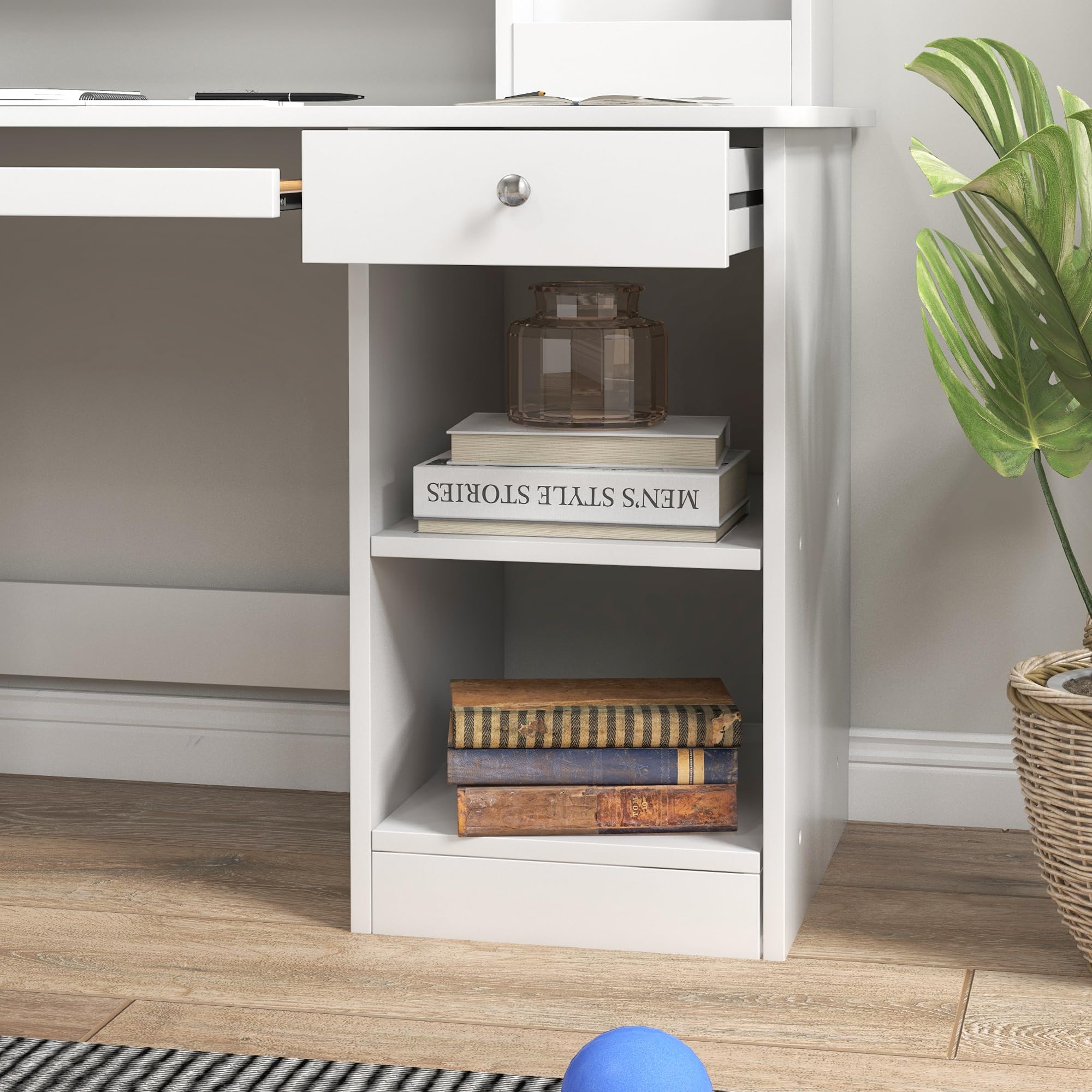 ZONEKIZ Tavolo Scrivania per Bambini con Sedia, Banco Scuola per Bambini da 5 a 8 Anni in Legno con Scaffale e Seggiola, Bianco
