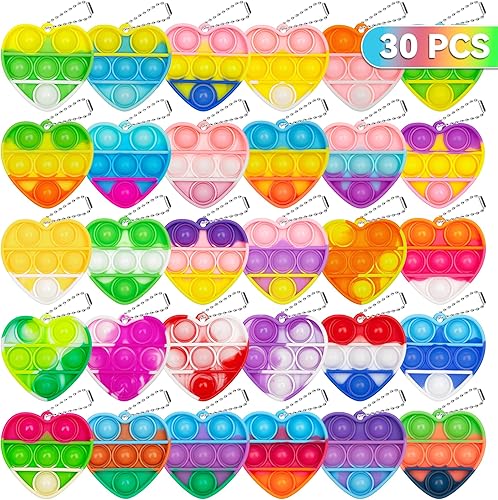 Pop Fidget Toy Birthday Party Favors for Kids 4-8,8-12 Year 30 PCS Bulk Toys Mini Pop Keychain Its Small Classroom Prizes Heart Fidgets It Bubbles