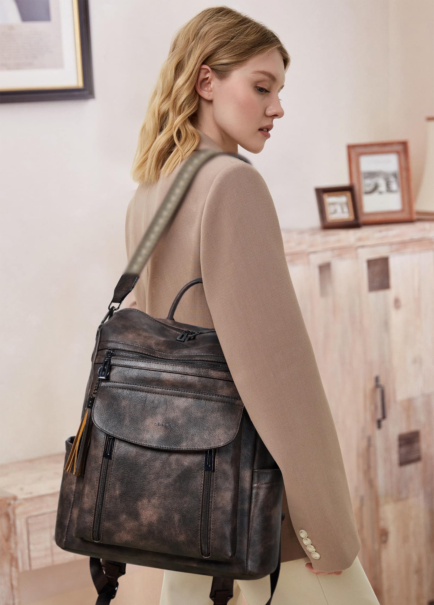 Shrrie Laptop-Rucksack für Damen, 15,6 Zoll Reise-Rucksack aus Leder, Handgepäck-Rucksack Computertasche wasserabweisend für College Business Arbeit Freizeit Tagesrucksack