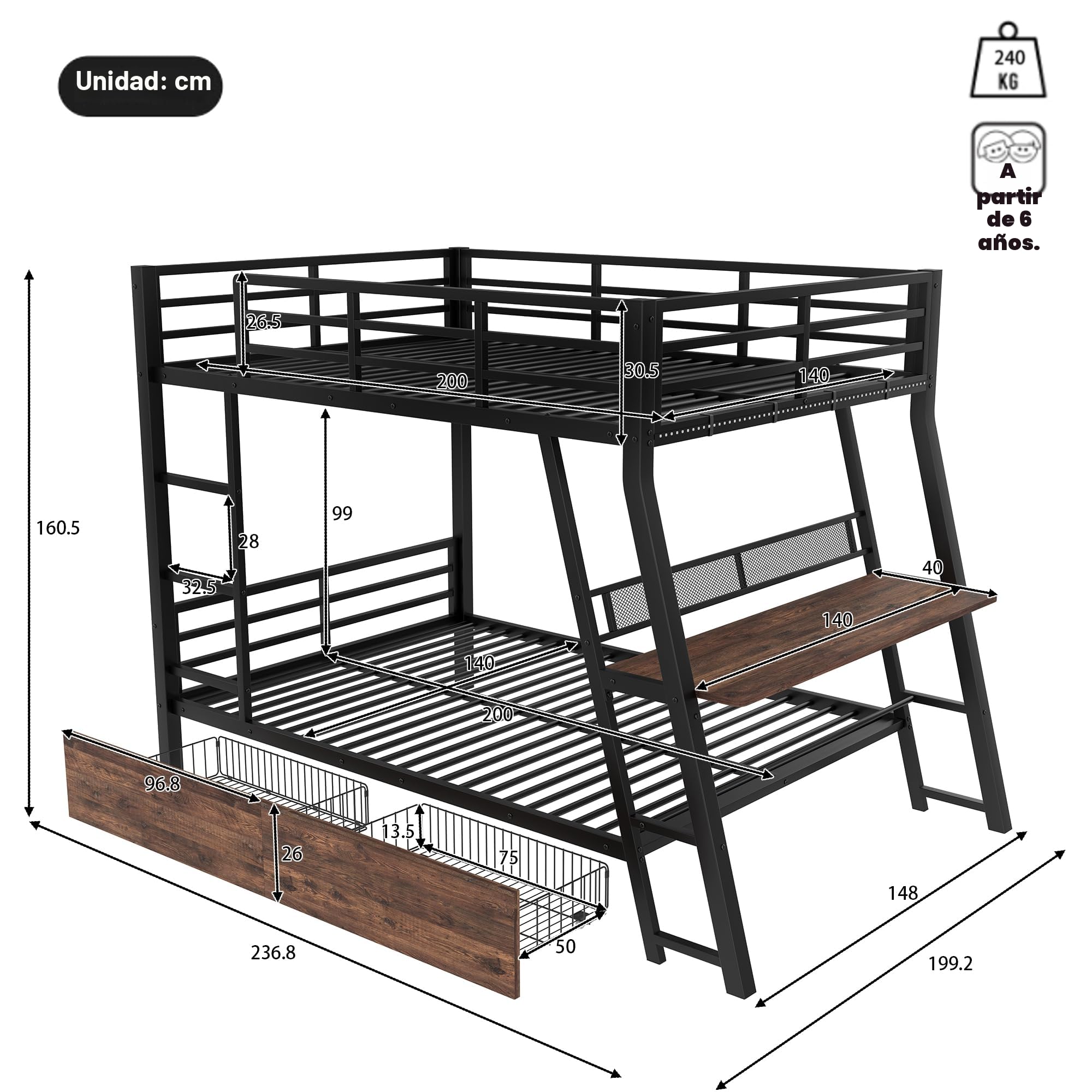 Cama alta de metal 140 x 200 cm, litera de metal con cajones, barandilla, escalera y escritorio, para niños, adolescentes y adultos, sin colchón, color negro