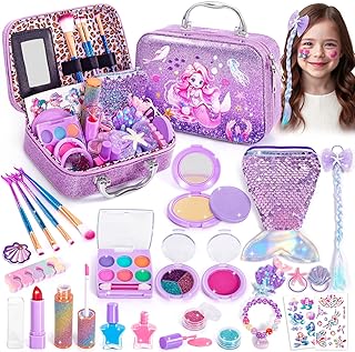 Hohosunlar Mermaid Kinderschminke Set Mädchen, Waschbar Make Up Kinder Schminkkoffer enthält Lipgloss Nagellack und Tasche, Meerjungfrau Spielzeug Weihnachts Geburtstagsgeschenk für Kinder ab 3 Jahren