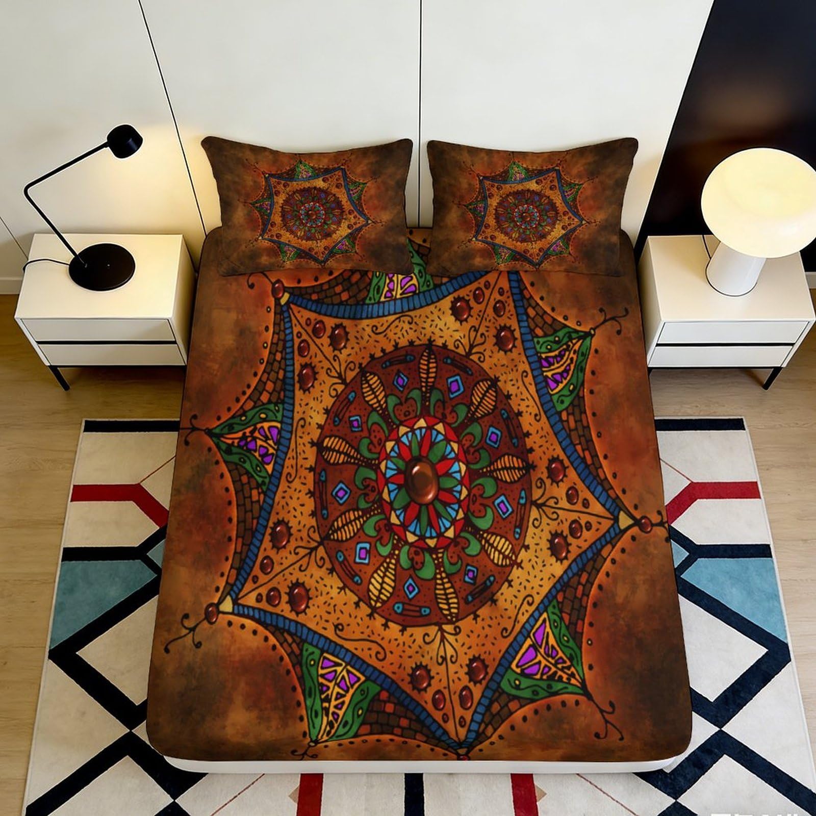 3D Printed Mandala Art Fitted Sheet Microfiber Soft Breathable Ethnic Pattern Bed Cover for Bedroom Dorm Decor 90x200x25cm