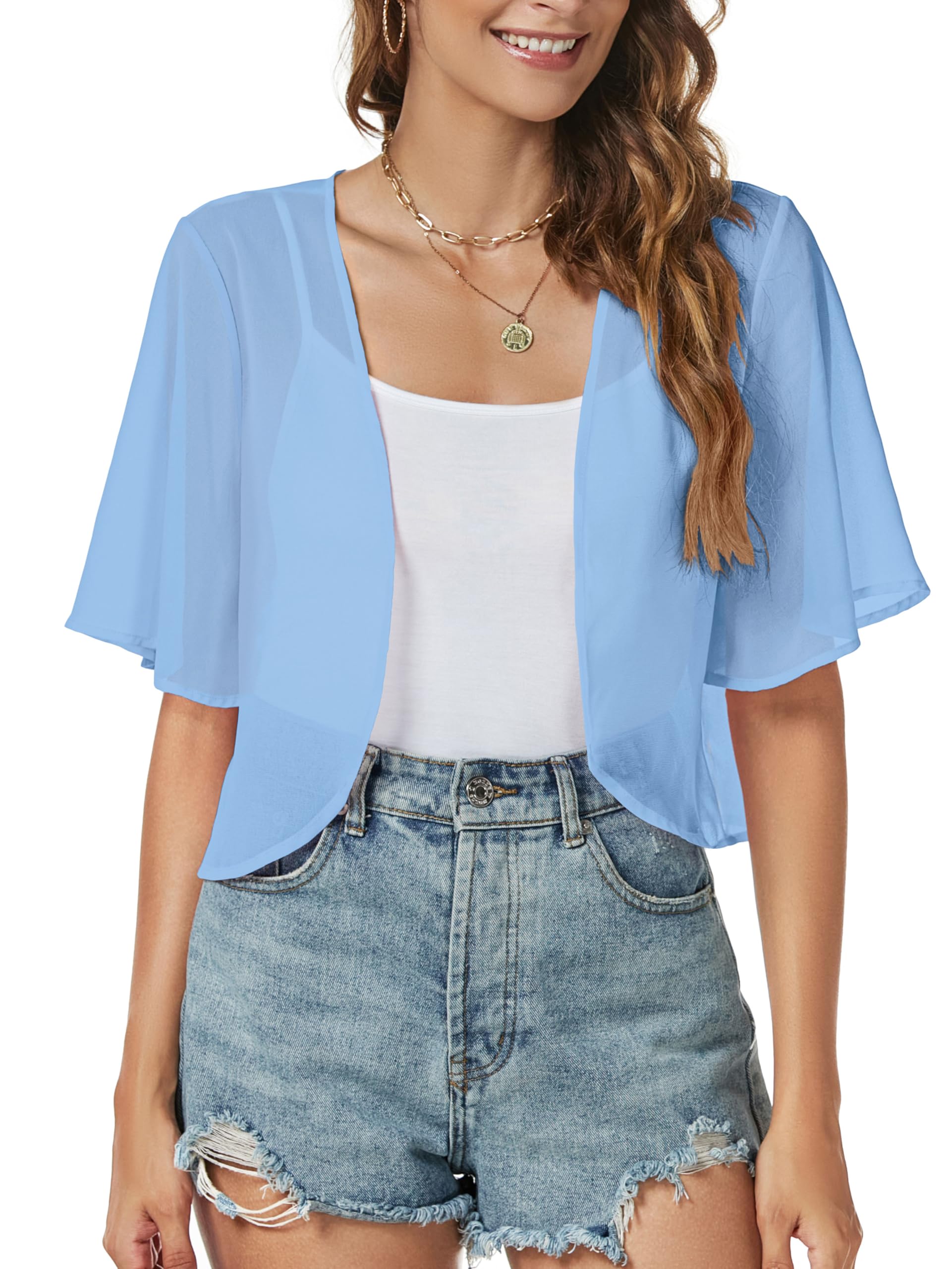 Women Shrug Chiffon Cardigan Open Front Short Sleeve Sheer Bolero for Dress | Lightweight Cropped,Loose Fit,Mesh Cover Up,Shawl Evening Dresses,Summer Outfits