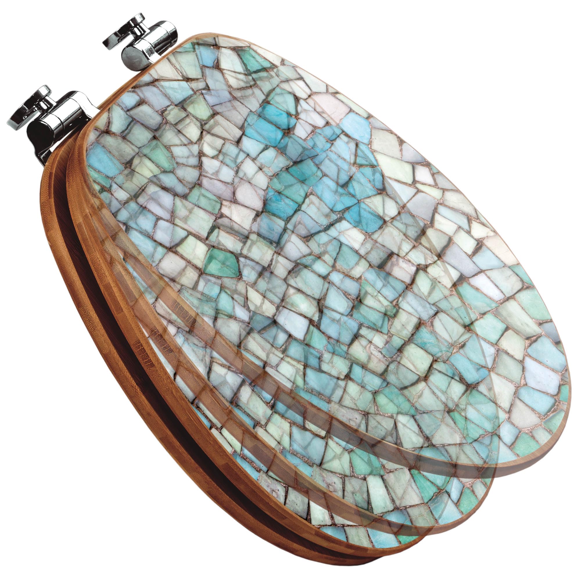 banjado Design WC Sitz Bambus Absenkautomatik 45,8x37,5cm - Toilettendeckel mit Absenkautomatik Holz - hochwertiger Bambus Klodeckel - WC-Sitz für gängigen Toiletten - Motiv Mosaik Blau
