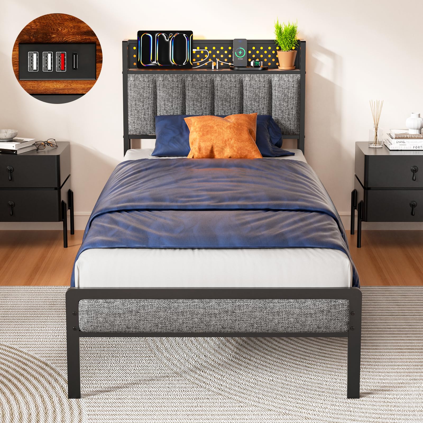 KUTAS Single Bed Frame, 90x190 cm, with LED Lights and Charging Station, Metal Bed Frame with Soft and Storage Headboard, 14 Metal Slats, No Box Spring Required, Under-Bed Storage Space, Gray