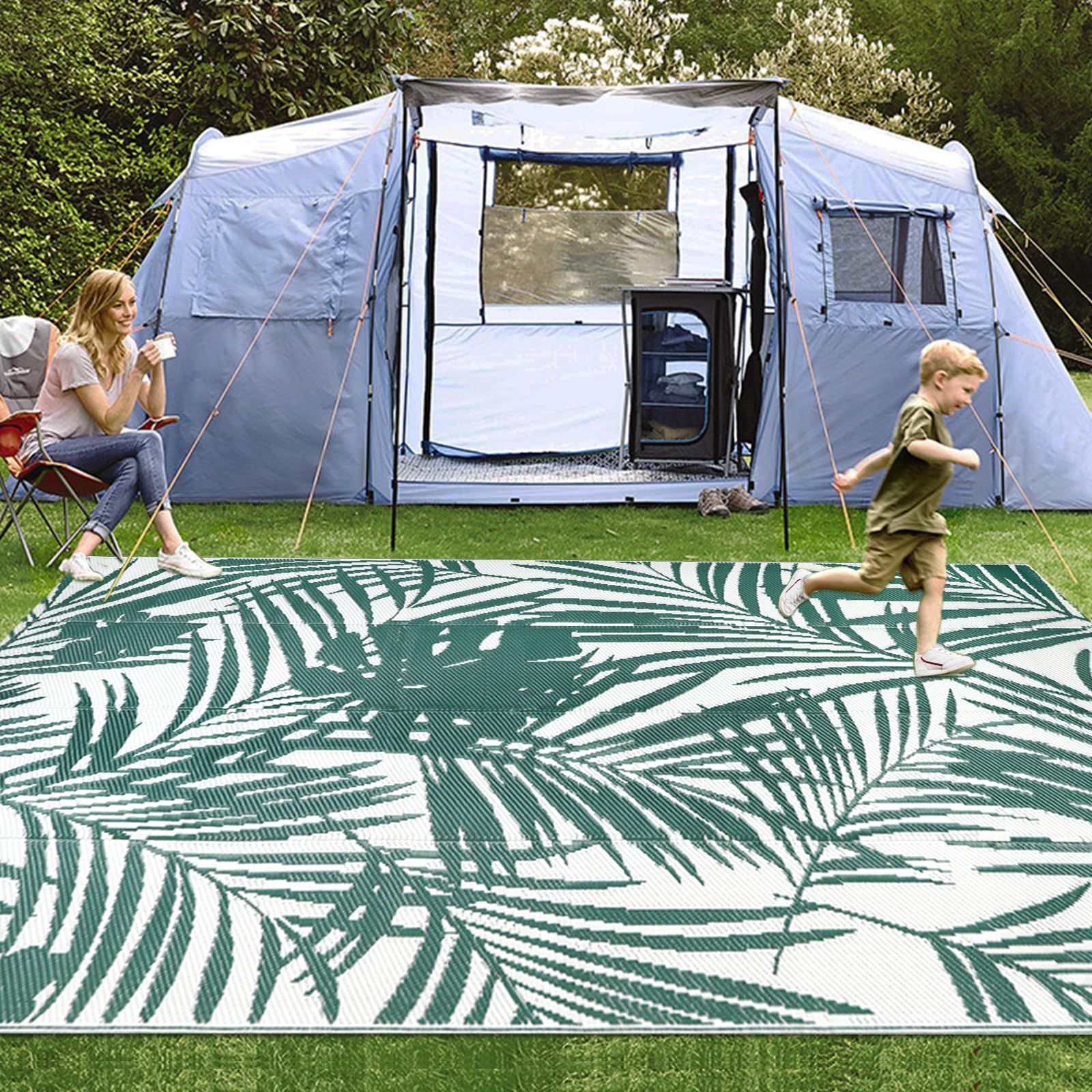famibay All Weather Outdoor Rugs 9x12 for Patios Clearance, Tropical Plastic Outdoor RV Mat UV-Resistant Waterproof Camping Rug Outside(Green)