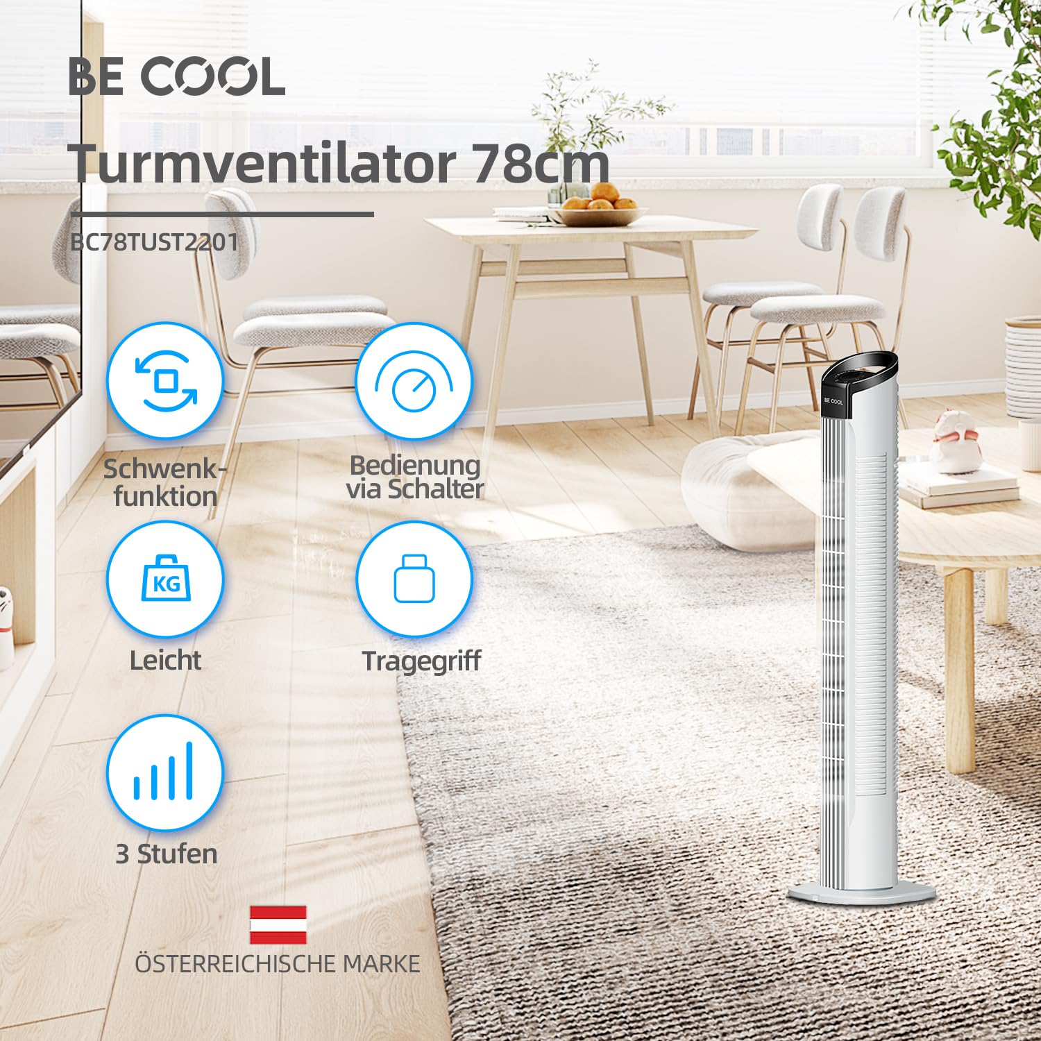 Be Cool Wentylator kolumnowy – efektywny wentylator do wnętrz, 3 poziomy prędkości, smukła konstrukcja, cicha praca – 78 cm, biały