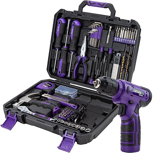 CARTMAN 150 Piece Tool Set, Tool Set with 8V Purple Cordless Drill Set, Home Tool Kit