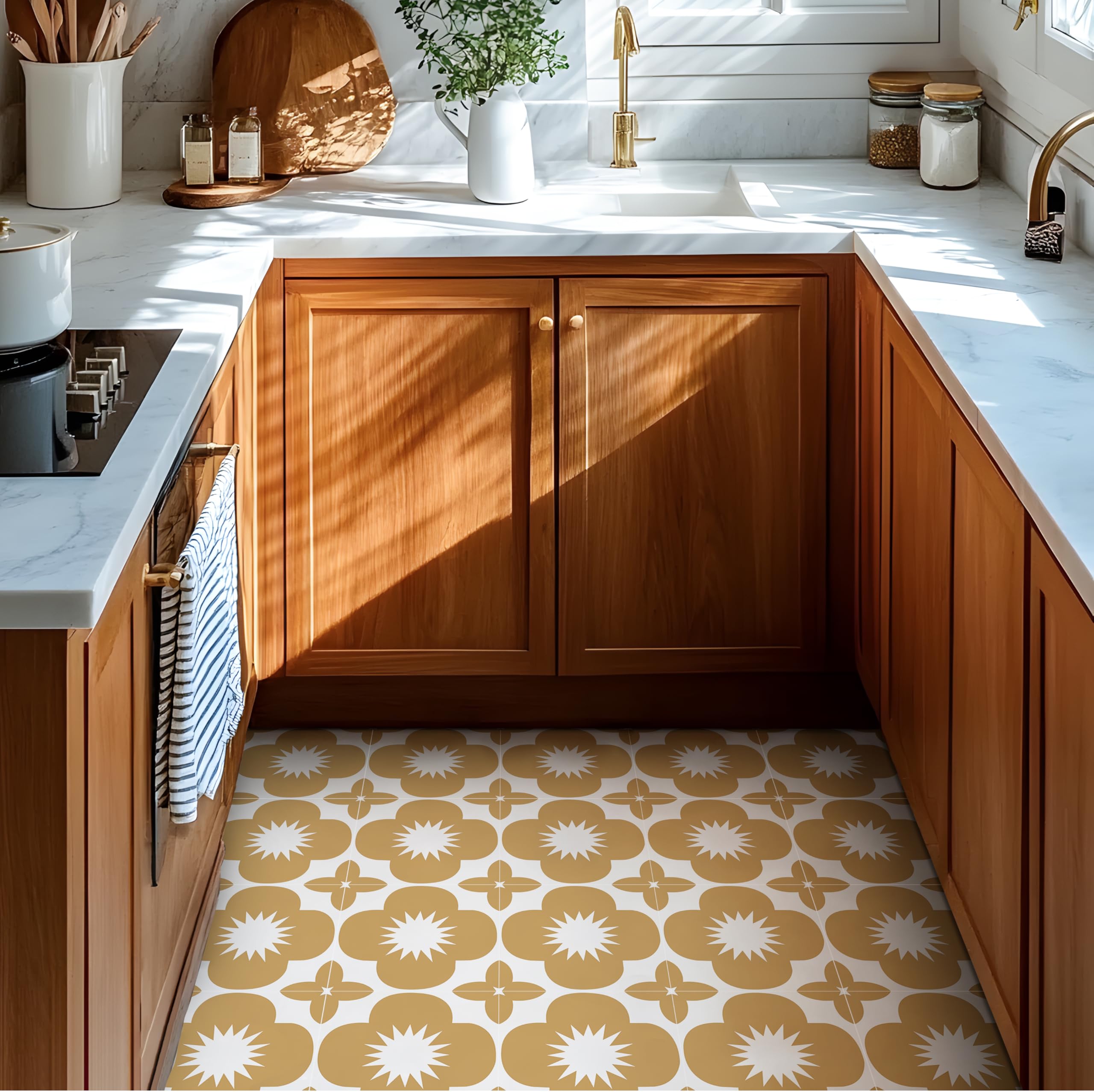 Alwayspon Peel and Stick Floor Tiles, 20cm/8inch×20Sheet Waterproof Removable Non-Slip Vinyl Plank Flooring Tile for Bathroom Kitchen Bedroom, Renter Friendly Floor Decor DIY, Yellow Brown Floral