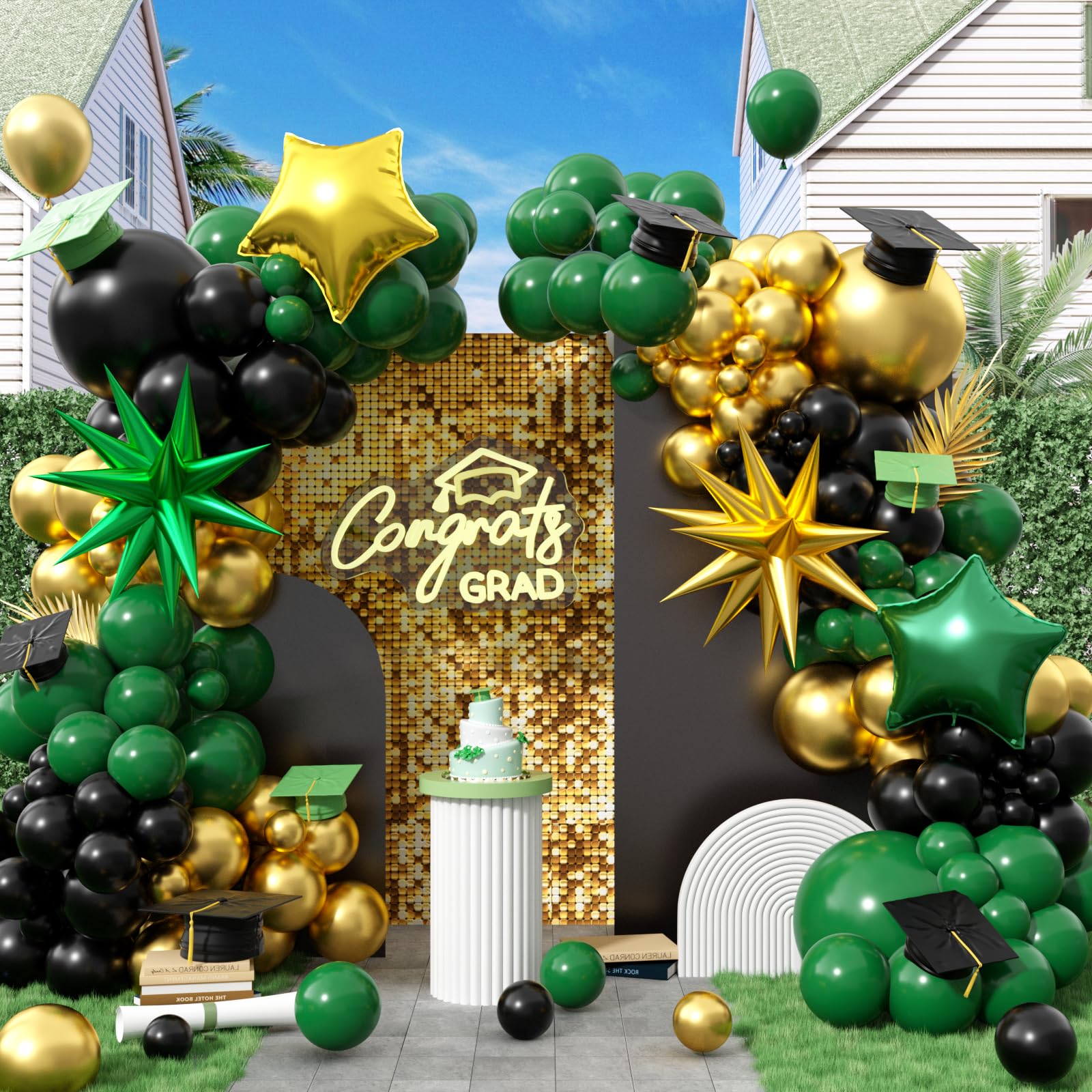 Graduation Balloon Arch Kit 2026 Green and Gold Black Balloon Garland Emerald Forest Dark Green Balloons with Star Foil for Grad Retirement Prom Birthday Wedding Football Party Decorations, 104Pcs