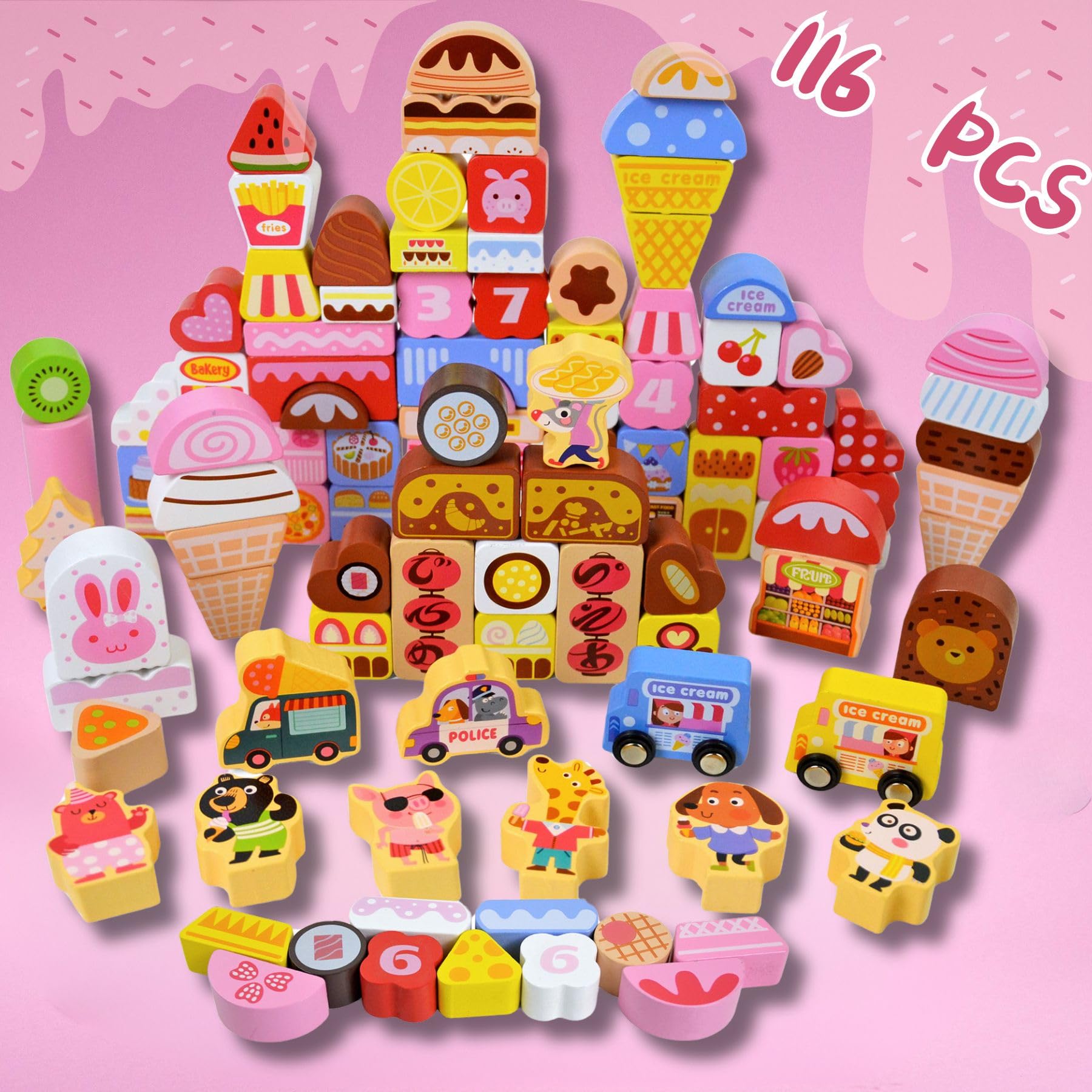 Vileafy 116pcs Princess Building Blocks for Girls Age 6-8, Summer Birthday Gifts Wooden Blocks for Kids, Educational Pink Ice Cream Stacking Toys Pretend Play Set for Daughter, Niece, Granddaughter