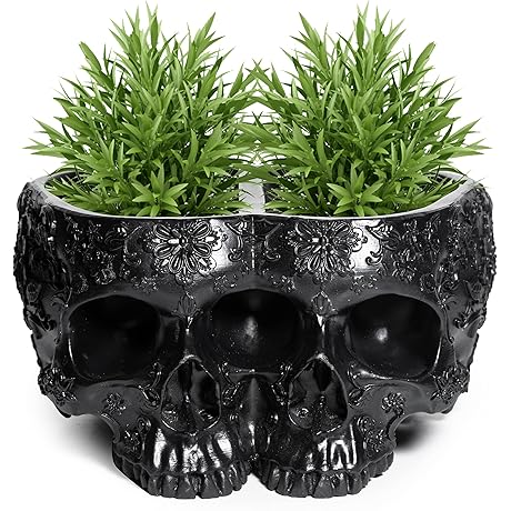 Double Head Skull Plant Planter Pots, 4" H Polyresin Halloween Skulls Server Tray