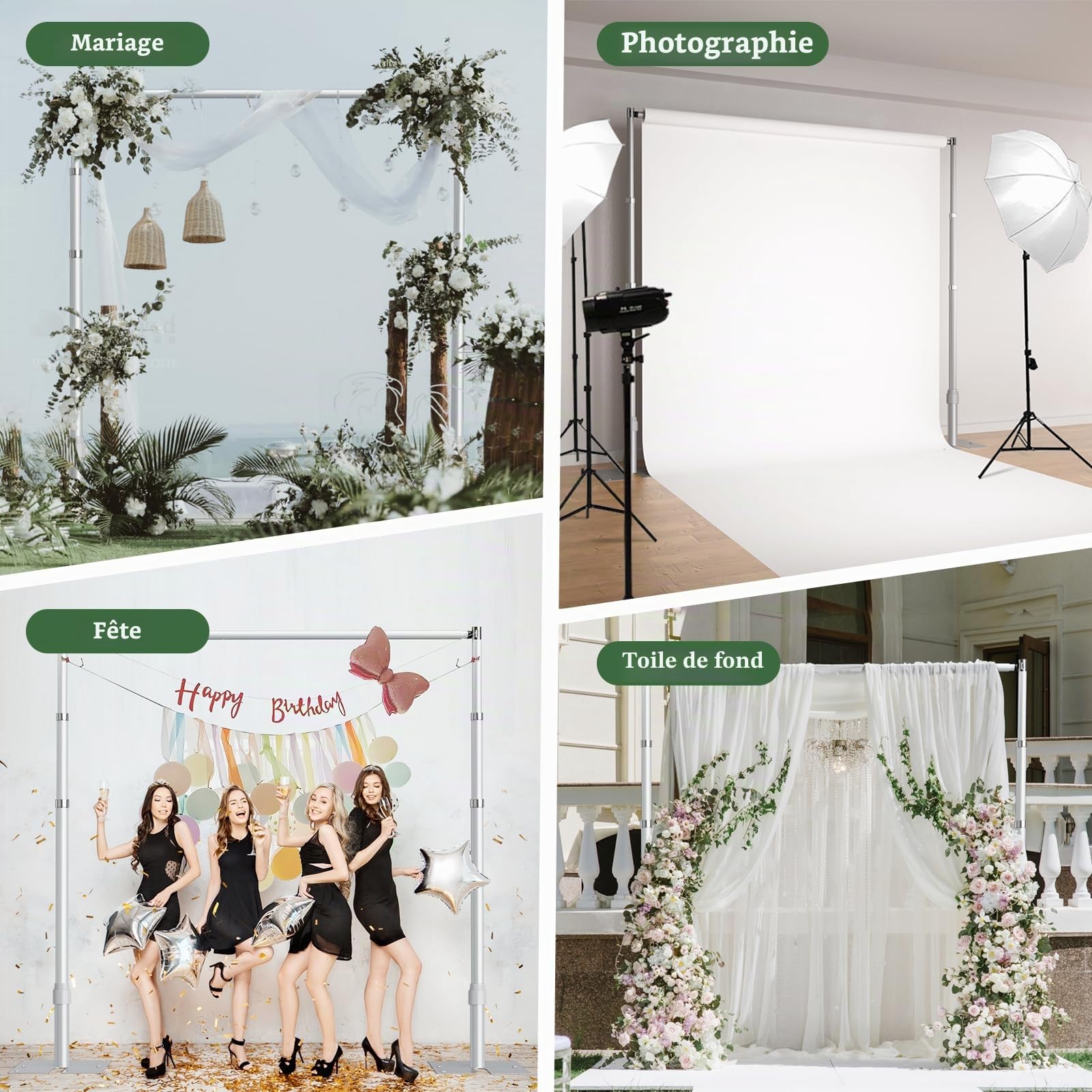 EMART Support Toile de Fond Photo Stable 2,6x3m, Arche de Mariage Réglable à Une Barre Transversale pour Studio, Video, Décoration d'anniversaire