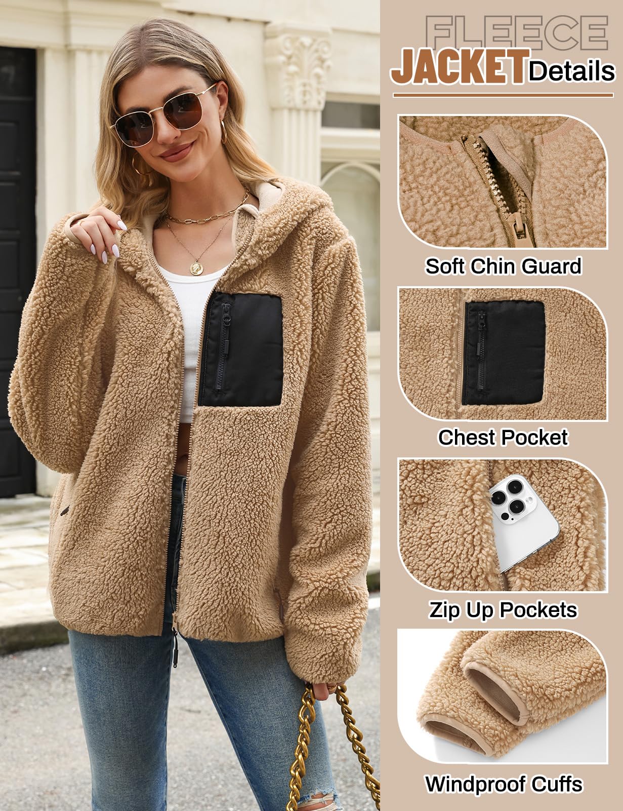 Tuopuda Sudaderas con Capucha Mujer de Forro Polar Manga Larga Sudadera con Bolsillos Sudadera con Cremallera Caliente y Esponjoso Chaquetas Otoño Invierno