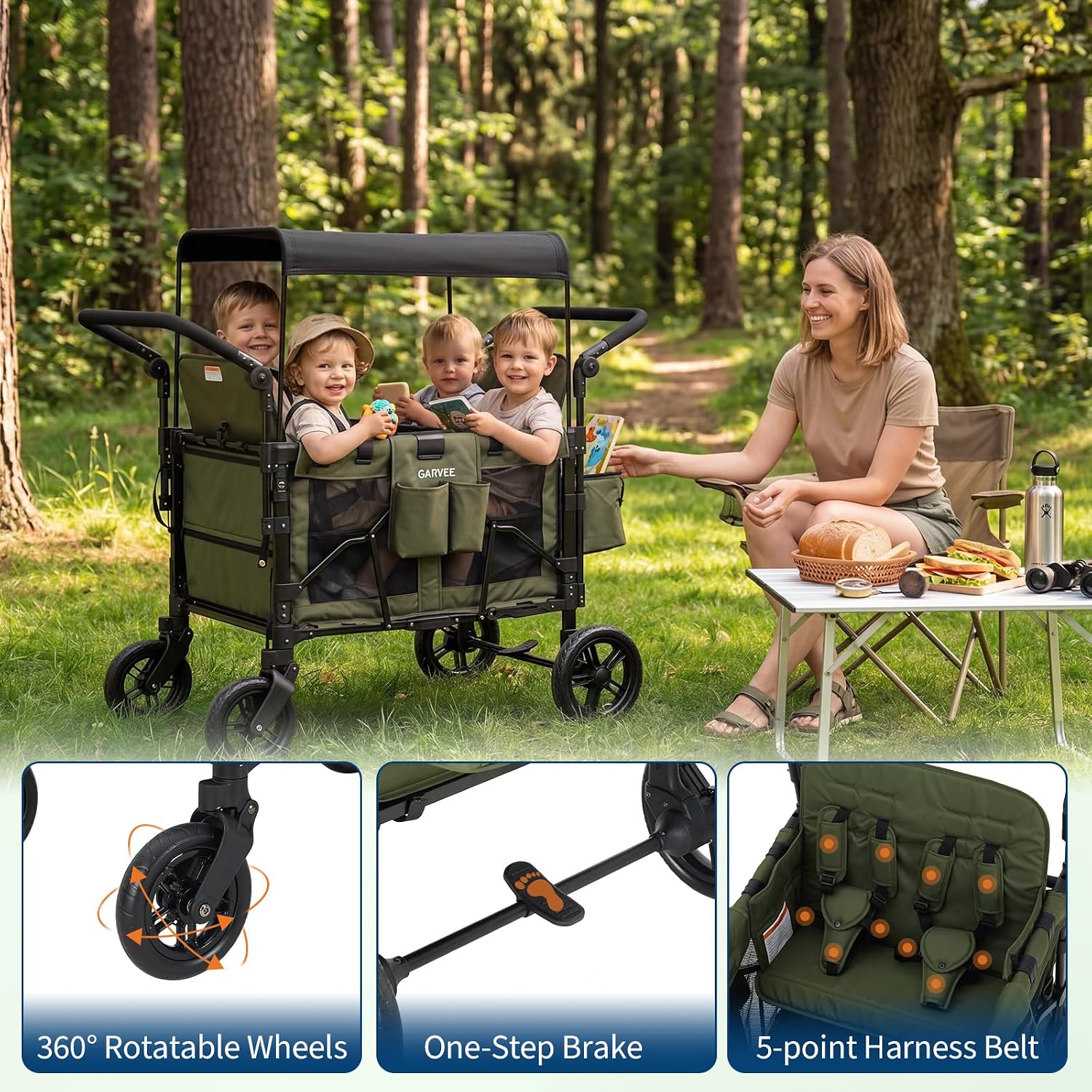 4 Seater Stroller Wagon, All-Terrain, Premium Wagon Stroller for Kids with Safety Harness, Snack Tray, Removable Canopy, Swivel & Fixed Wheels, One-Step Brake, Green