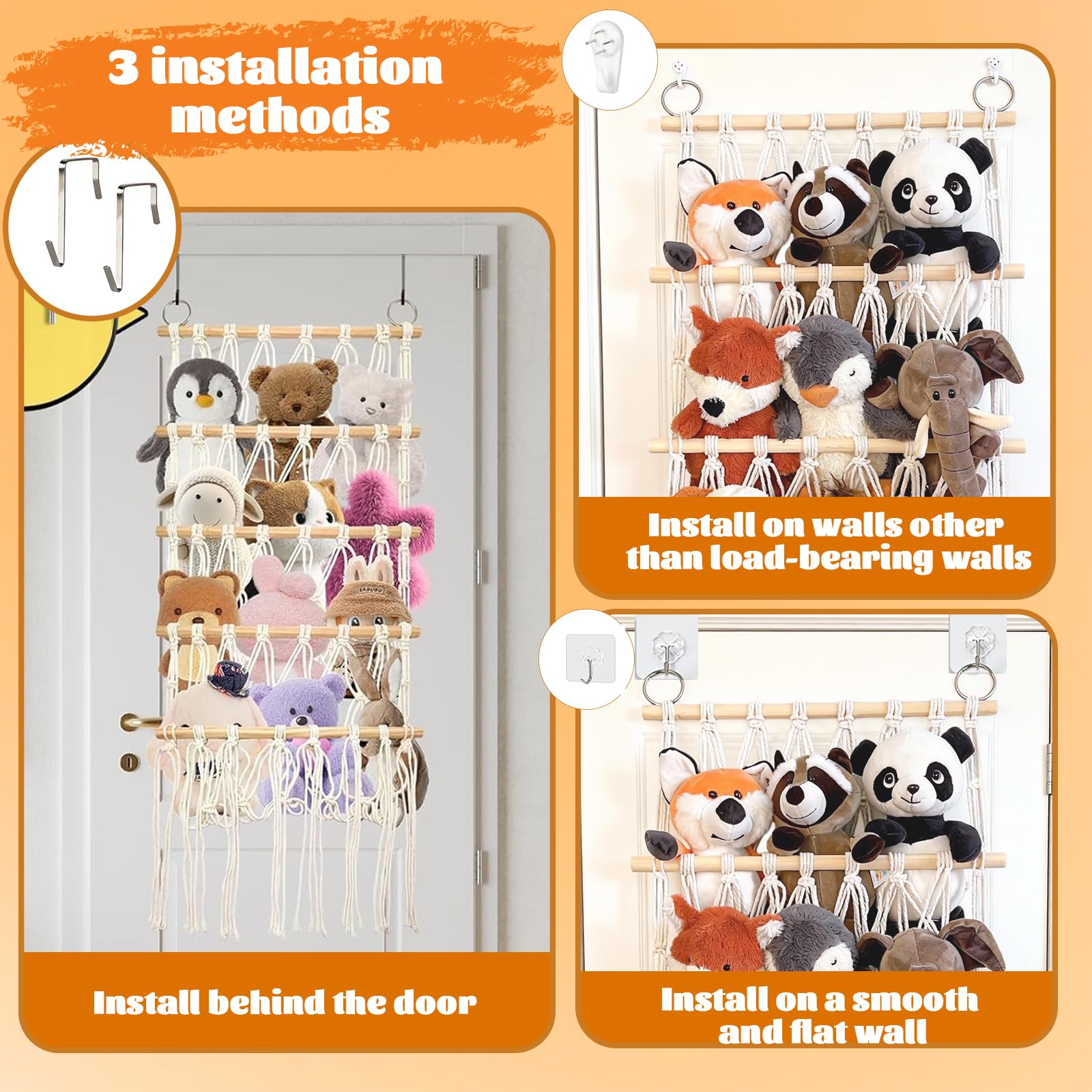 lomdung 2 Pezzi Porta Peluche, Catena Portaoggetti per Animali di Peluche, Supporto per Animali di Peluches, Catena Organizzatore Bohémien per Animalis di Peluches, con 4 Anelli di Legno e 40 Clip