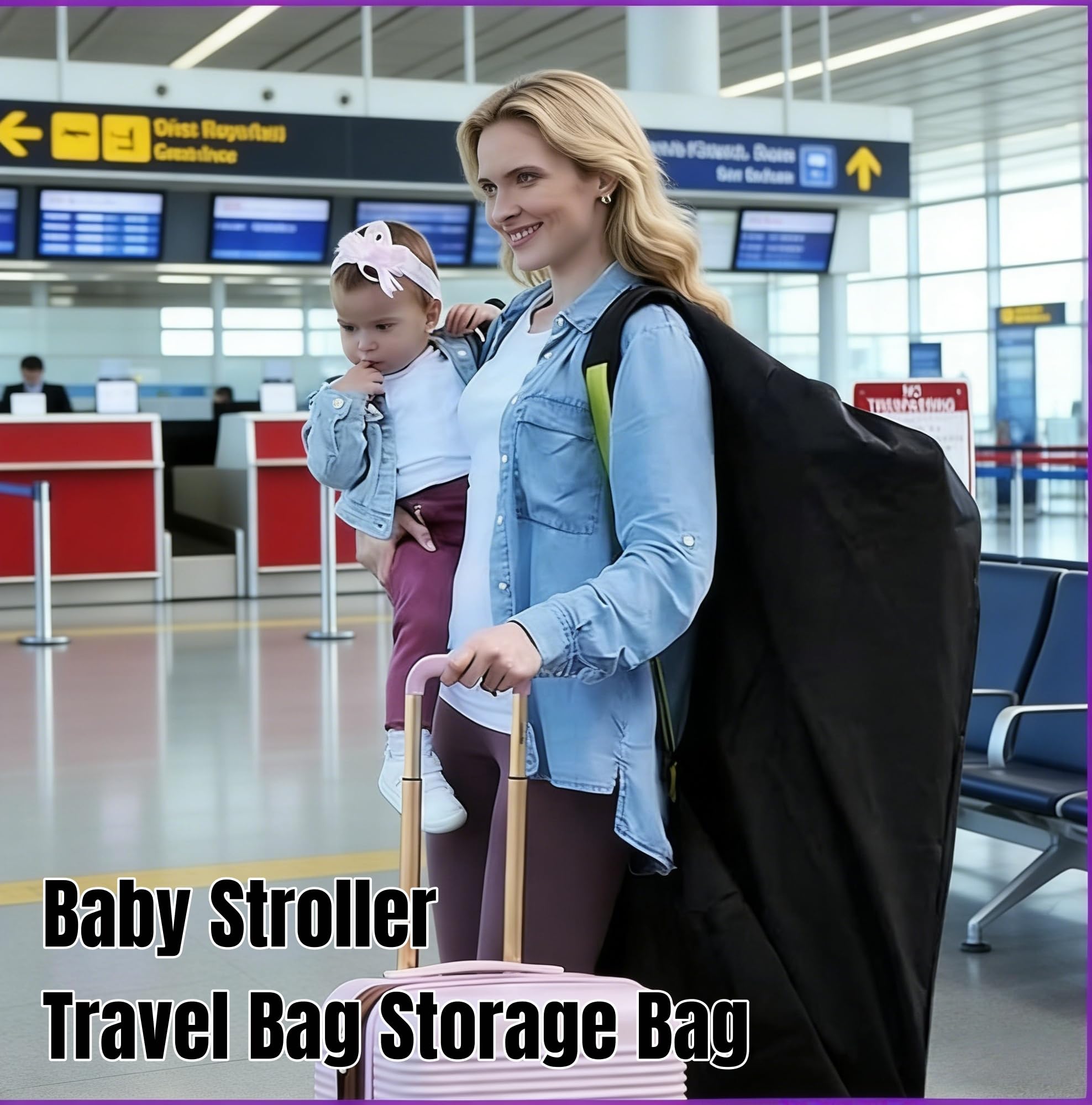 Borsa per il trasporto passeggino, aereo, 120 x 63 x 43 cm, impermeabile Oxford, multifunzionale, per viaggi in aereo e tutti i giorni, con cinghie imbottite (nero)