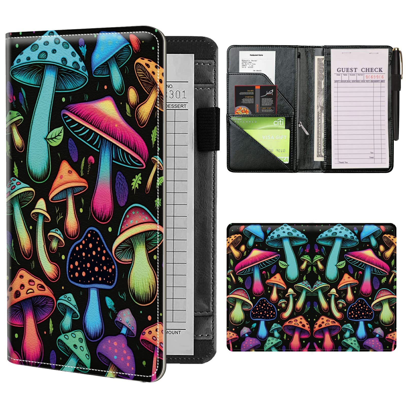 Server Books for Waitress Waiter with Zipper Pocket, Dream Mushroom Leather Server Pads Waitstaff Organizer Guest Check Presenters Server Wallet Money Holder Pouch Fit Apron