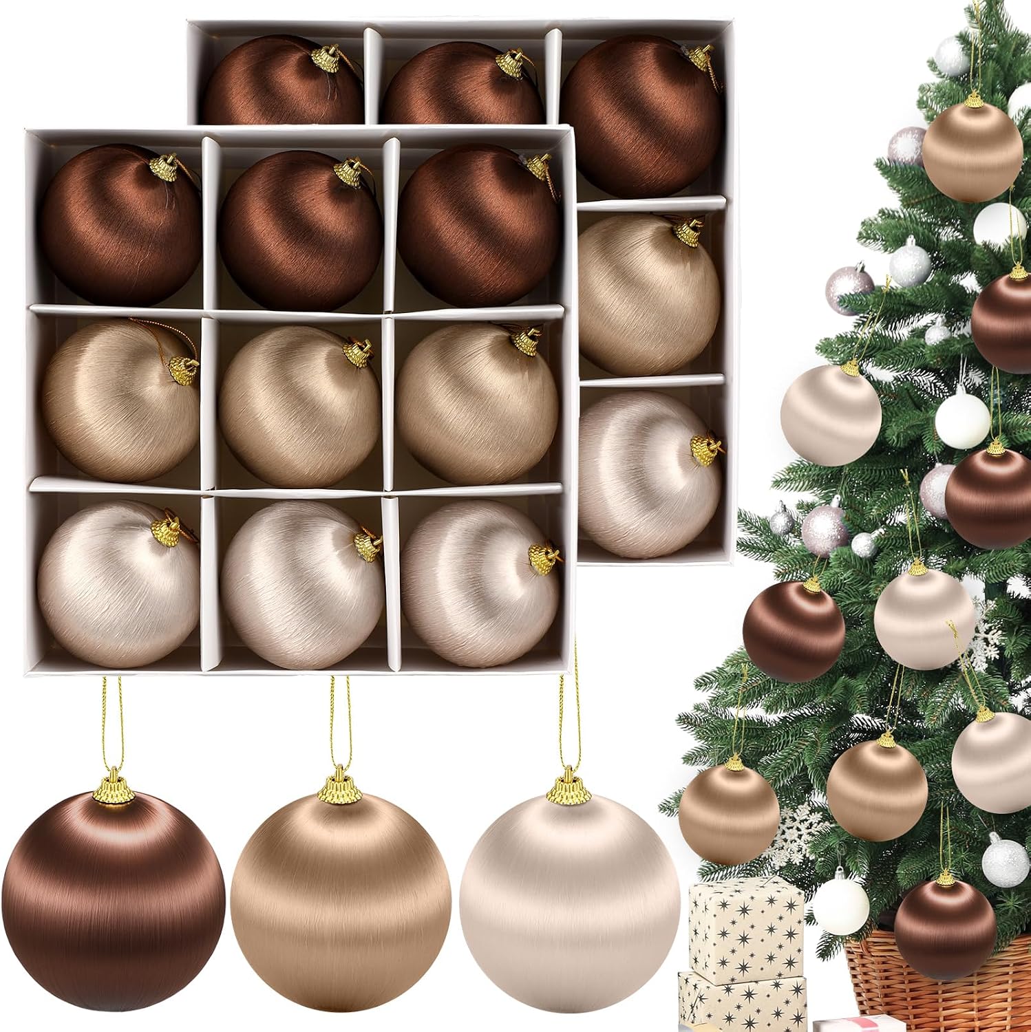 Hungdao 18 Pcs Easter Satin Balls 3.15 Inch Easter Silk Ball Ornaments Shatterproof Pastel Candy Green Candyland Satin Silk Tree Hanging Decor forTree Wreath Garland Holiday Party(Neutral Brown Green)