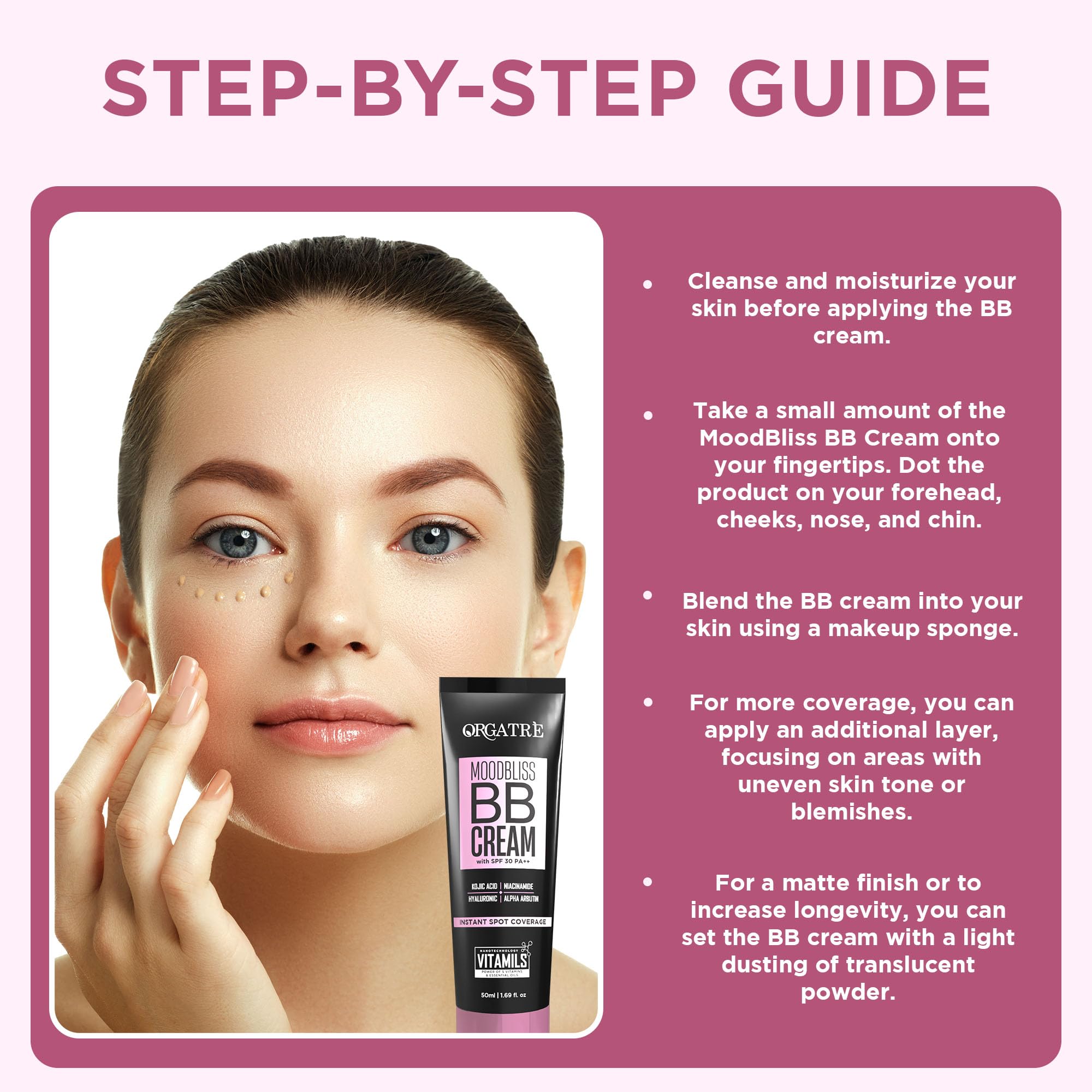 ORGATRE MoodBliss BB Cream 50gm | Instant Spot Coverage with SPF 30 PA++ | Light Makeup Glow for All Skin Types | Kojic Acid & Niacinamide - Image 7 thumbnail