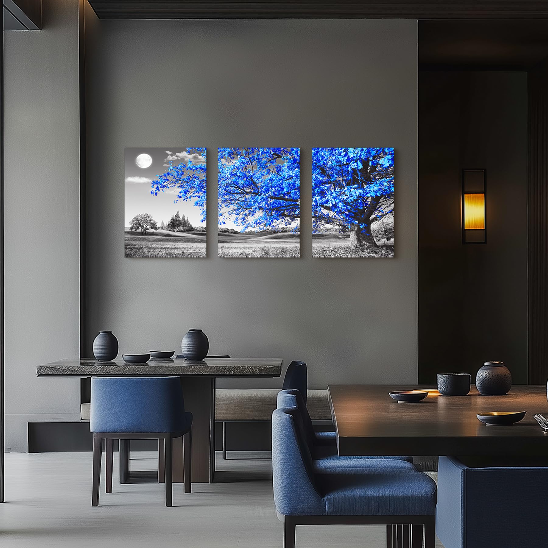 Hyidecorart Set 3 Quadri Moderni Astratti Morandi-Blue Su Tela – Stampe D'Arte Per Soggiorno, Camera Da Letto, Cucina, Ufficio, Con Ganci Per Appenderli Subito