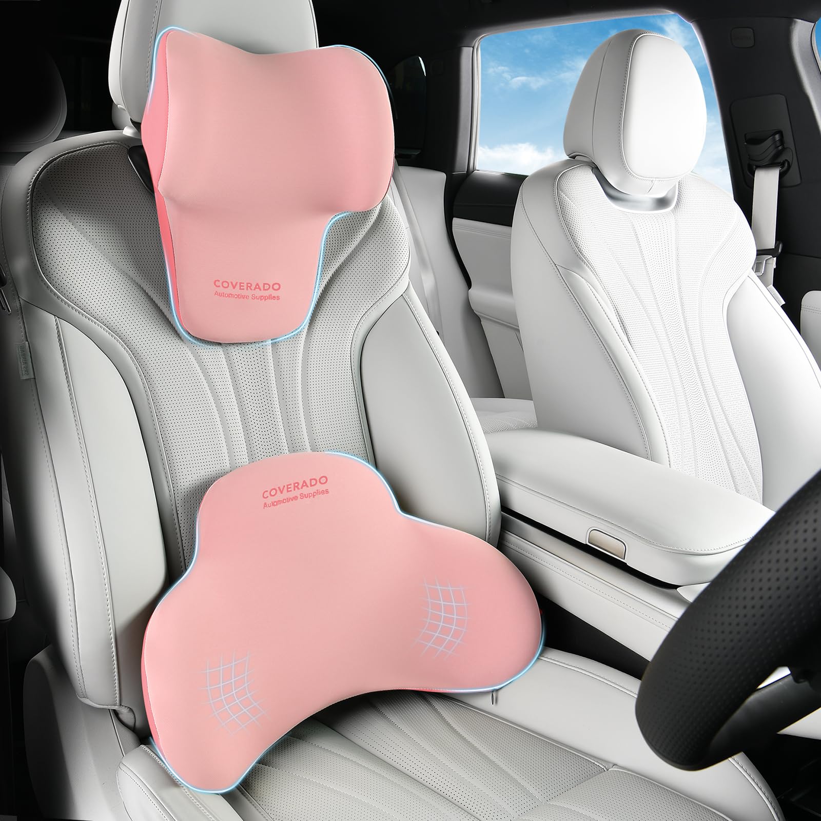 Coverado Lumbar Support and Car Neck Pillow, Ergonomic Memory Foam Desk Chair Cushion and Headrest Pillow for Car Office Chair, Sciatica &amp; Neck &amp; Tailbone Cushion-Pink