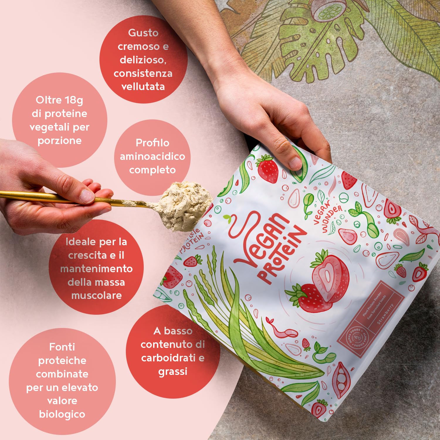Proteine in Polvere Vegane | Gusto Fragola | 18g Proteine Vegetali Isolate di Pisello, Riso e Girasole | Massa Muscolare | 600g Vegan Protein Powder | Alpha Foods