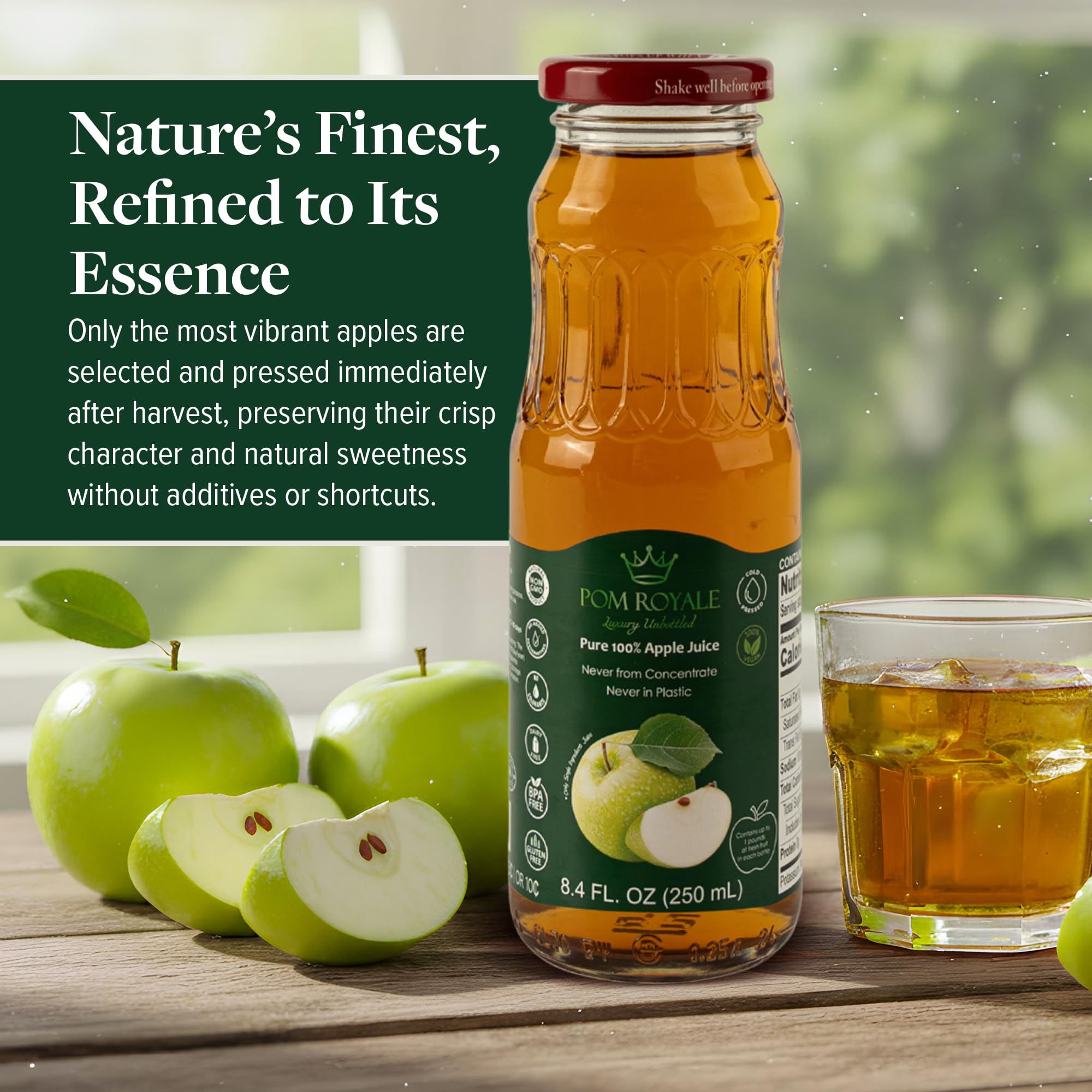 Pure Apple Juice, 8.4oz Glass Bottle (Pack of 12), Cold Pressed Juice, Not from Concentrate, Non-GMO, No Sugar Added, Gluten Free, Kosher Certified, Preservative Free — view 5