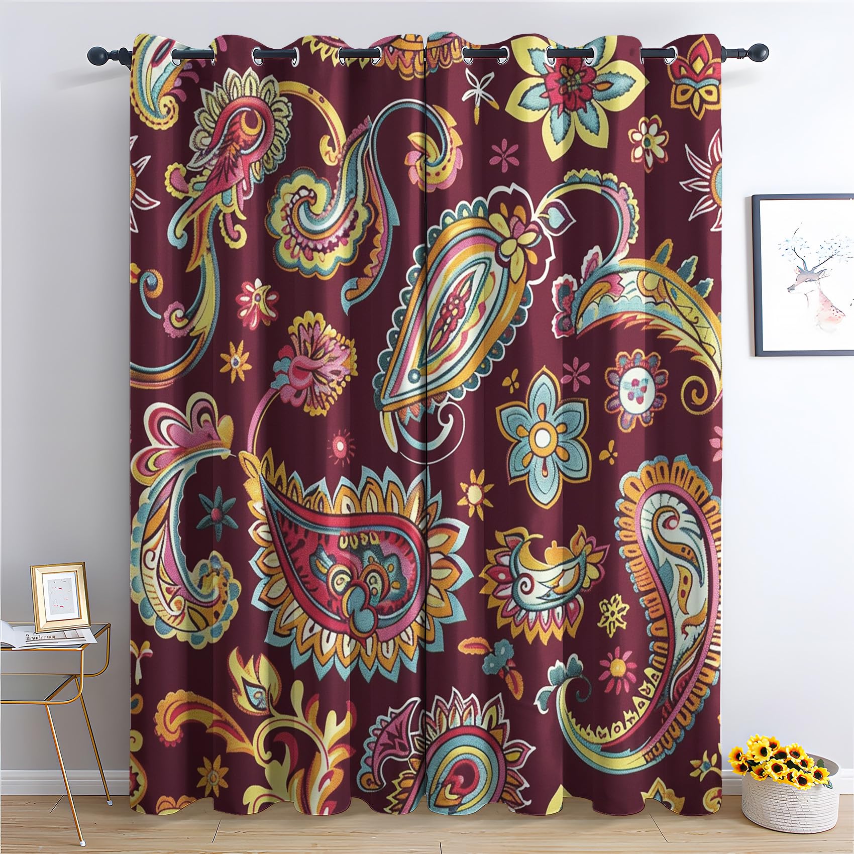 Rideau thermique occultant floral bordeaux bloquant la lumiere et le froid lot de 2