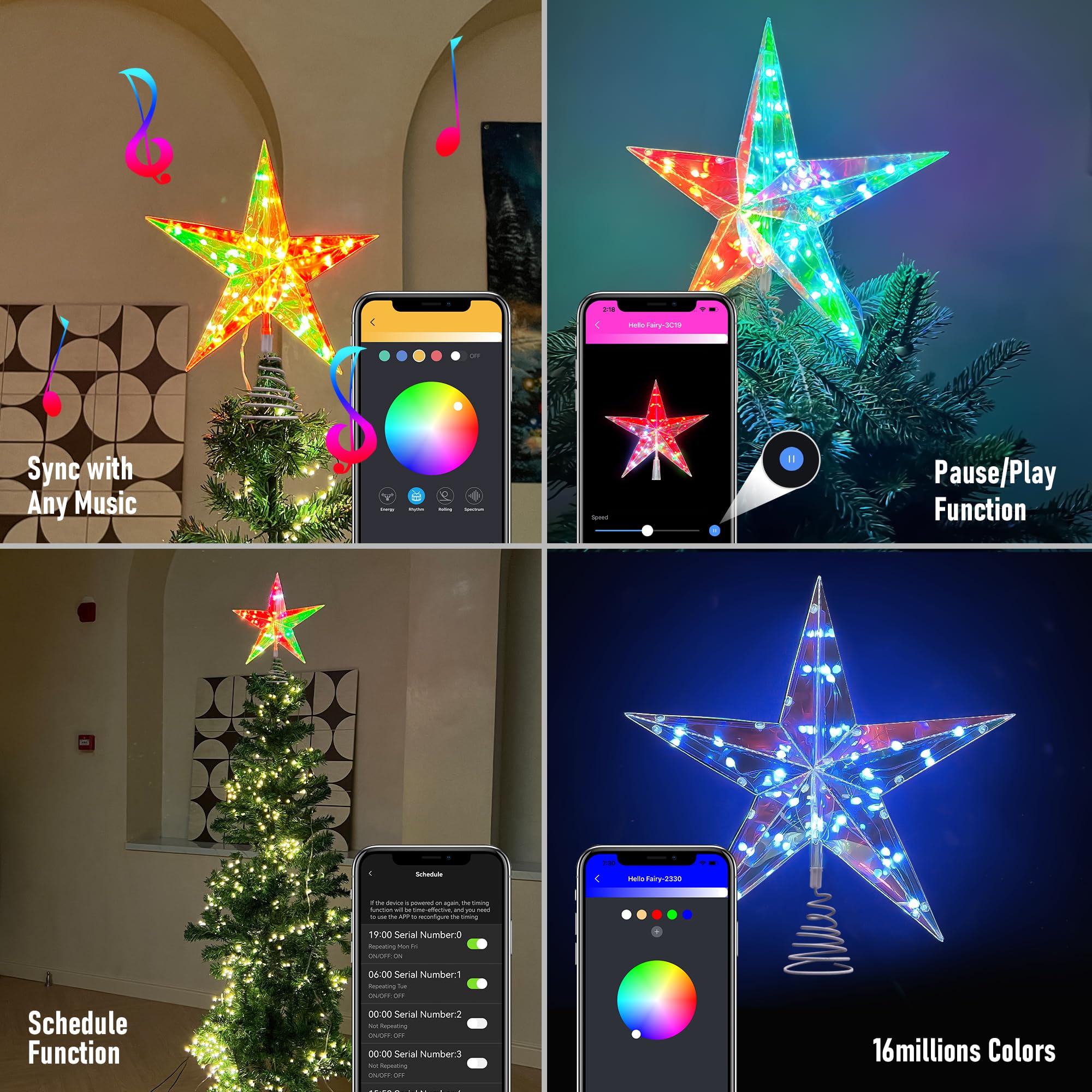 Decoración para árbol de Navidad con aplicación inteligente y control remoto, decoración de estrella de Navidad iluminada con bricolaje, regulable, música, temporizador, estrella de árbol de Navidad