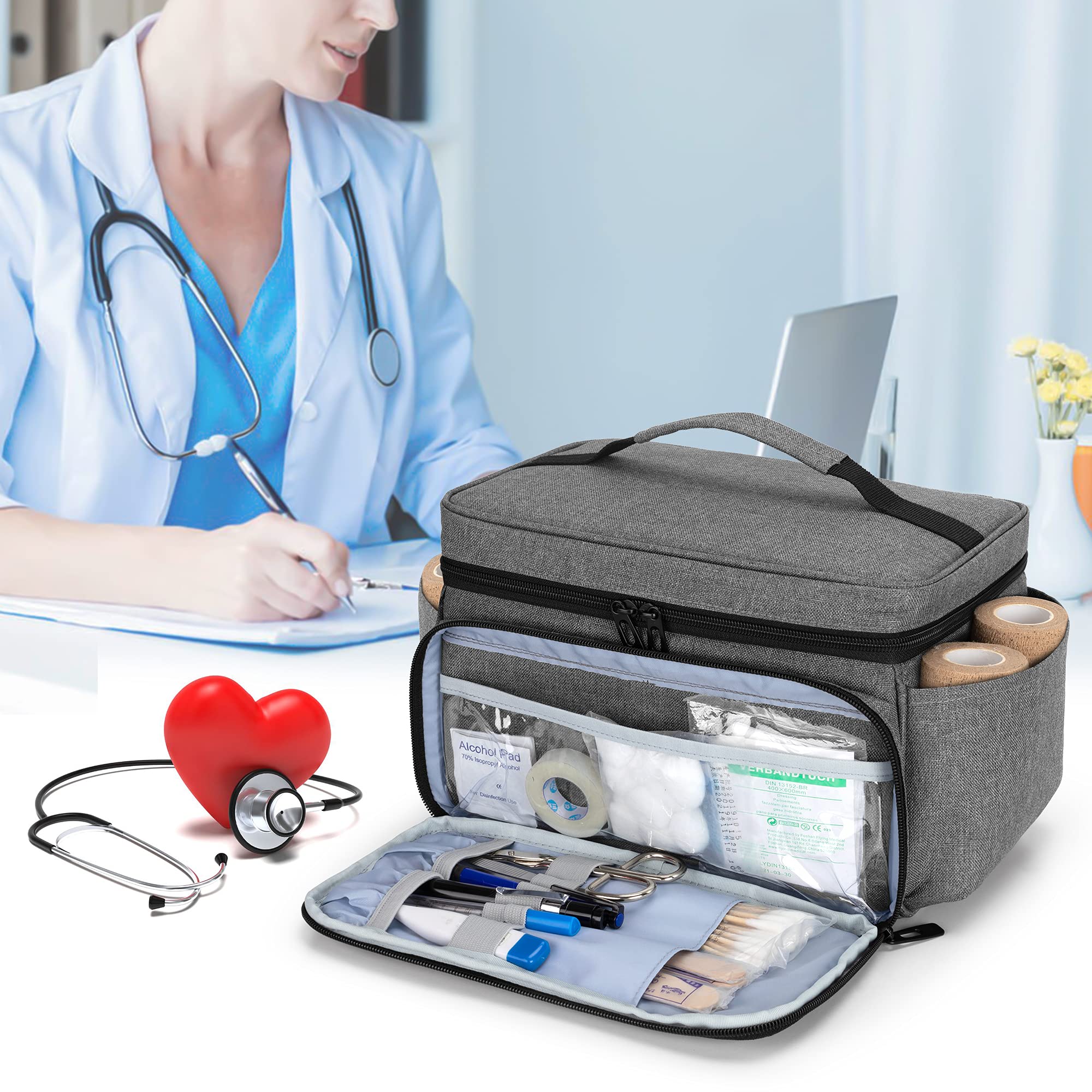 CURMIO Borsa per forniture mediche, borsa sanitaria portatile per infermieri, medici, fisioterapisti, personale per visite a domicilio, solo borsa, in attesa di brevetto, Grigio