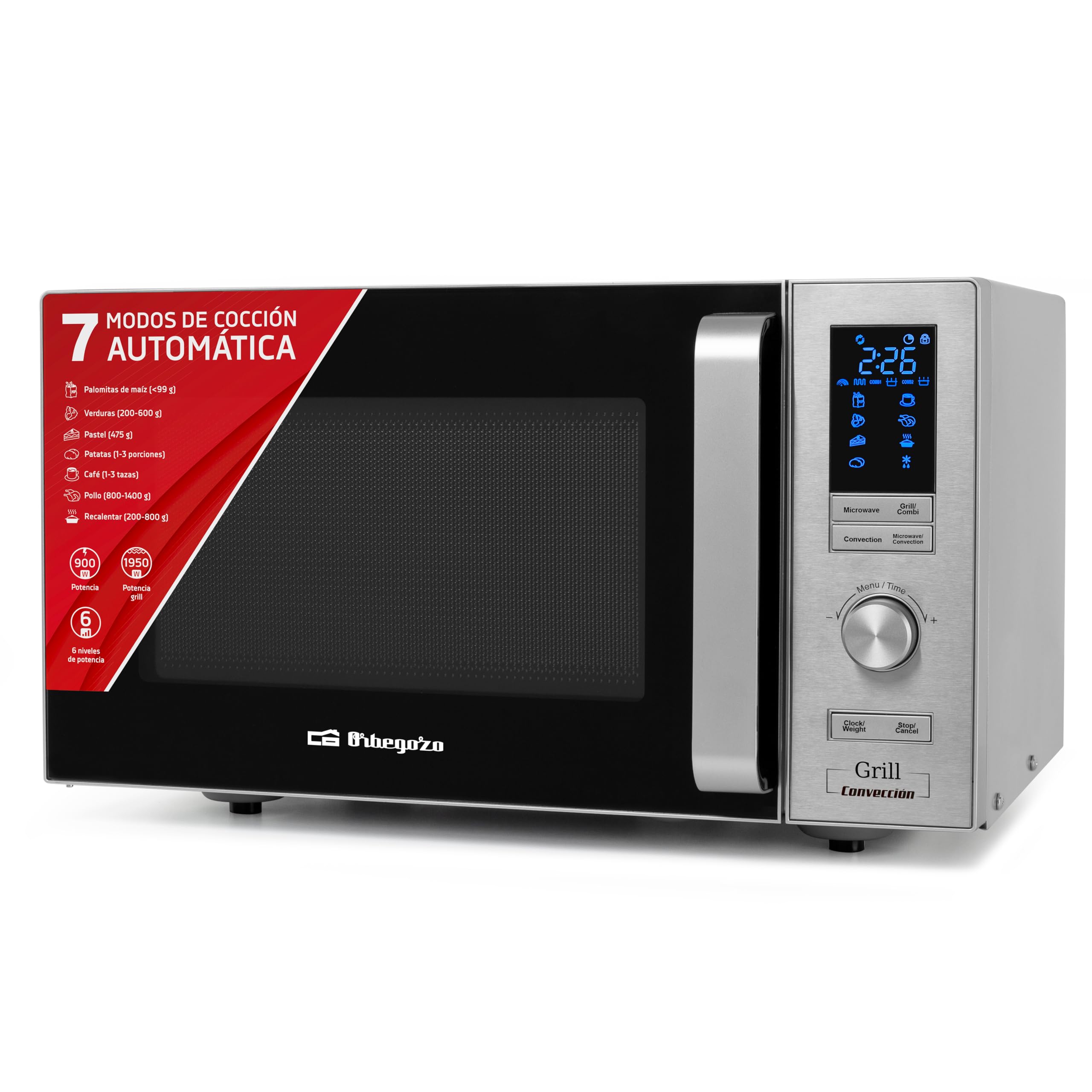 Orbegozo Mig 2528 Co - Microondas Grill Y Convección, 25 L, 6 Niveles De Potencia, Display Digital Led, 7 Menús Preconfigurados, Temporizador, Programa Descongelación, 900-1950 W