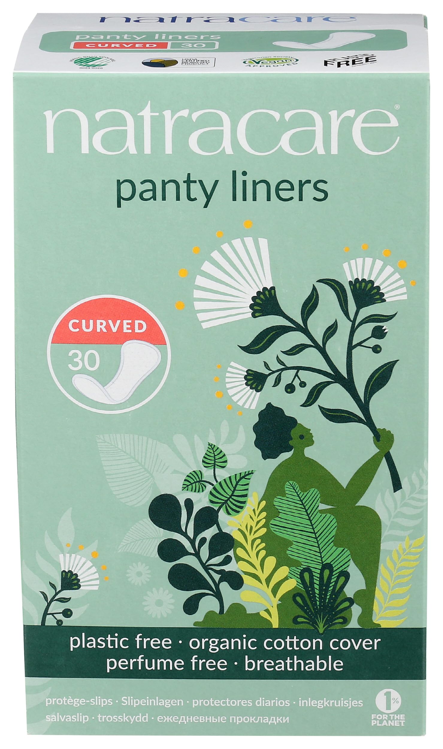 Natural Organic Curved Panty Liners, with Certified Organic Cotton, Ecologically Certified Cellulose Pulp and Plant Starch (1 Pack, 30 Liners Total)