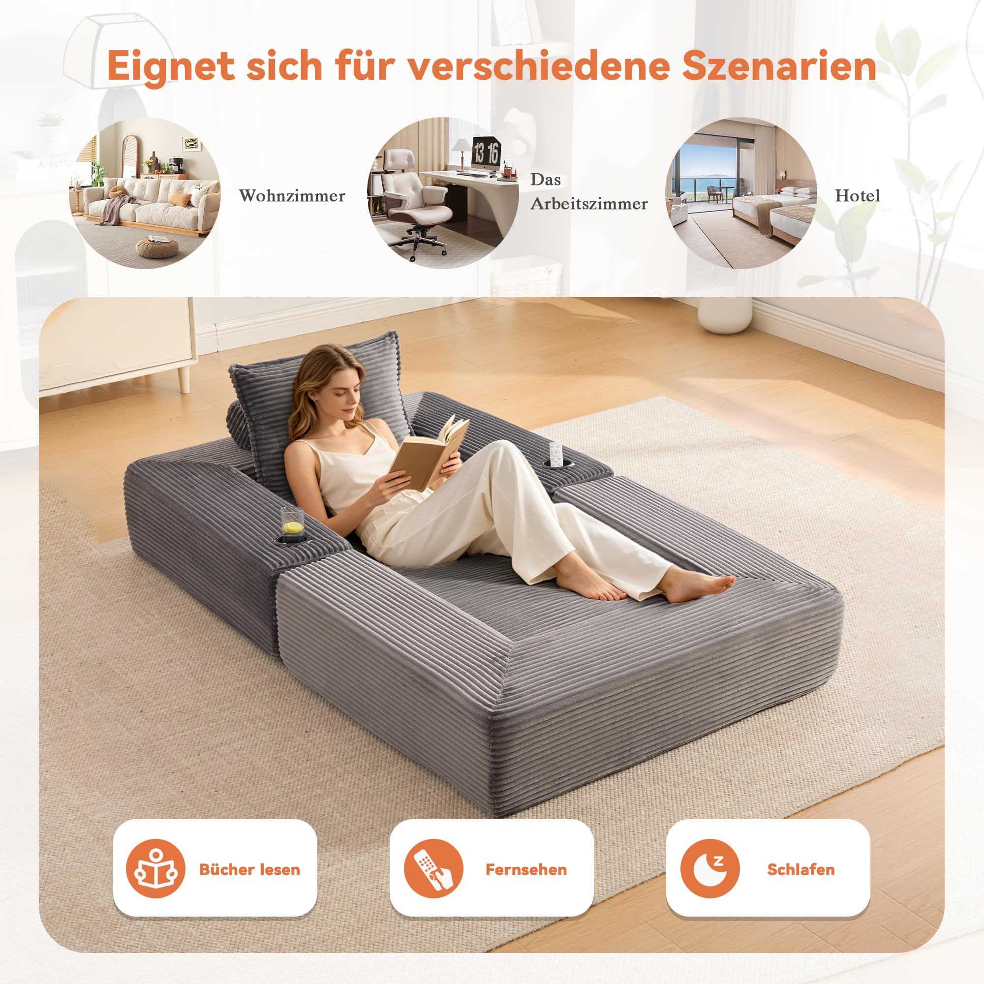 Sofá plegable de pana con espuma de alta densidad y resorte de bolsillo para asiento estable, bolsillo lateral + soporte para tazas, resto del brazo con cremallera, paquete al vacío, fácil montaje